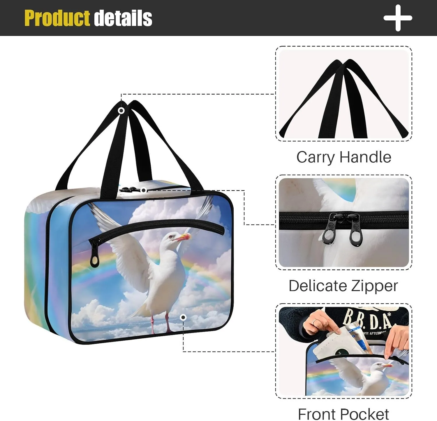 MUKJHOI Hanging Travel Toiletry Bag  4 Zippered Compartments, Transparent Organizer, Compact & Water-Resistant for Gym, Camping, Hotel  Seagull Cloud Rainbow