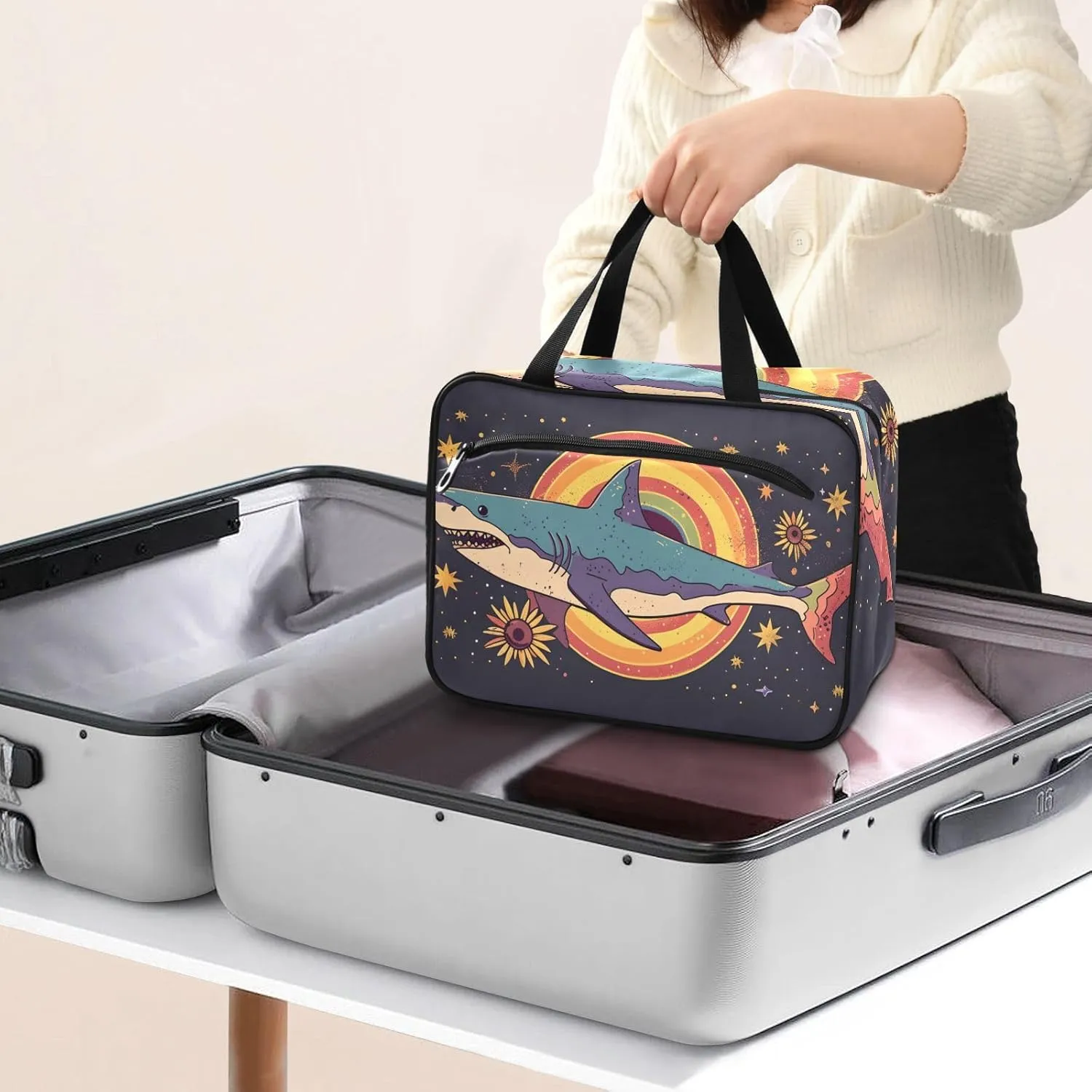 MUKJHOI Hanging Travel Toiletry Bag  4 Zippered Compartments, Transparent Organizer, Compact & Water-Resistant for Gym, Camping, Hotel  Shark (1)
