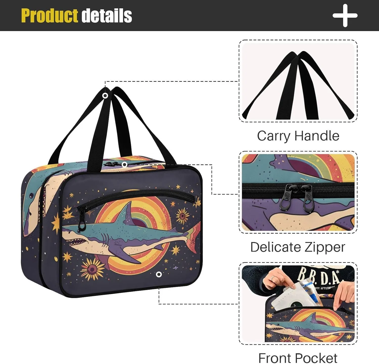 MUKJHOI Hanging Travel Toiletry Bag  4 Zippered Compartments, Transparent Organizer, Compact & Water-Resistant for Gym, Camping, Hotel  Shark (1)