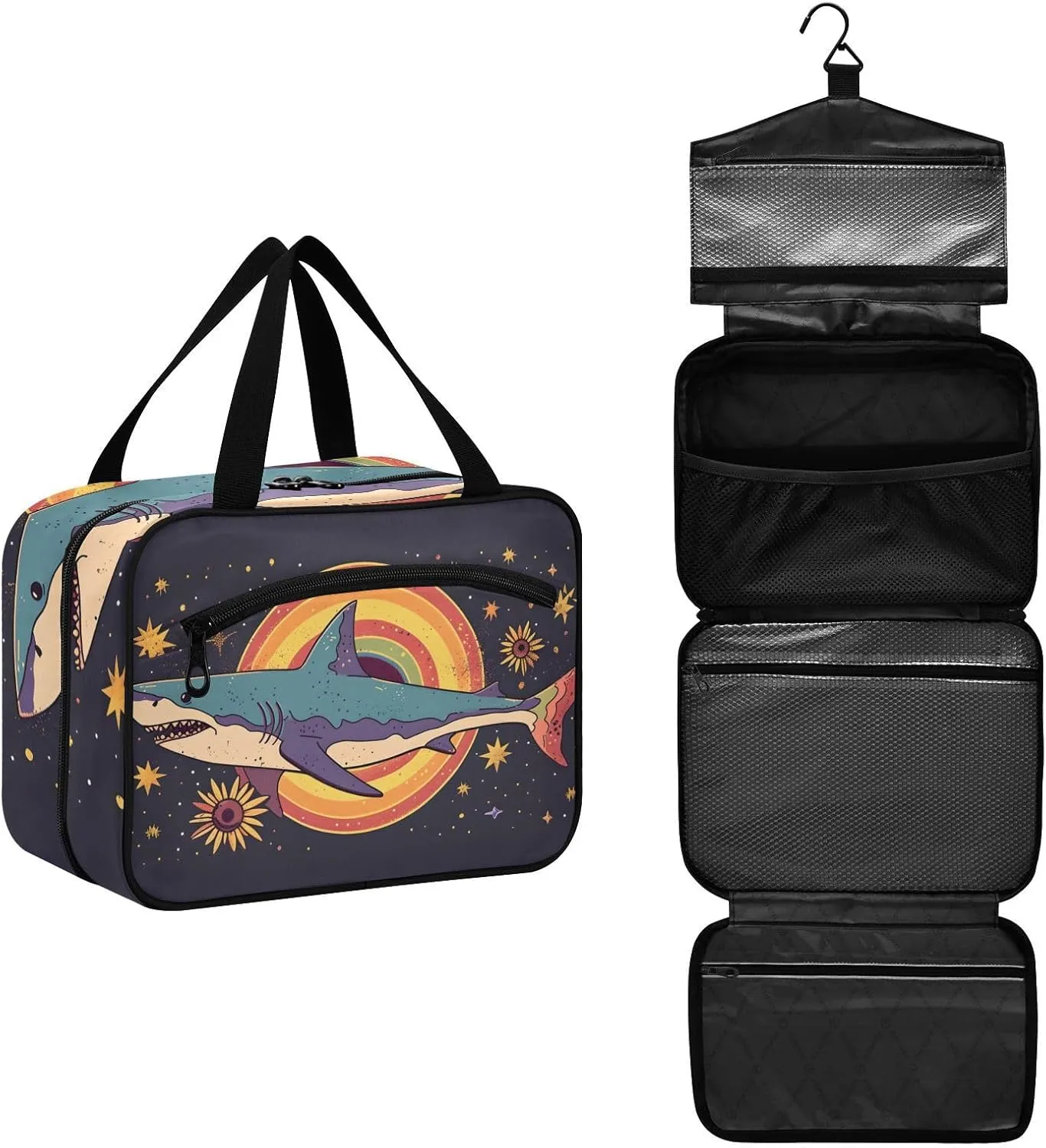 MUKJHOI Hanging Travel Toiletry Bag  4 Zippered Compartments, Transparent Organizer, Compact & Water-Resistant for Gym, Camping, Hotel  Shark (1)