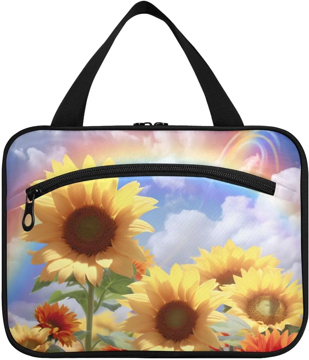 MUKJHOI Hanging Travel Toiletry Bag  4 Zippered Compartments, Transparent Organizer, Compact & Water-Resistant for Gym, Camping, Hotel  Sunflower Cloud Rainbow (2)