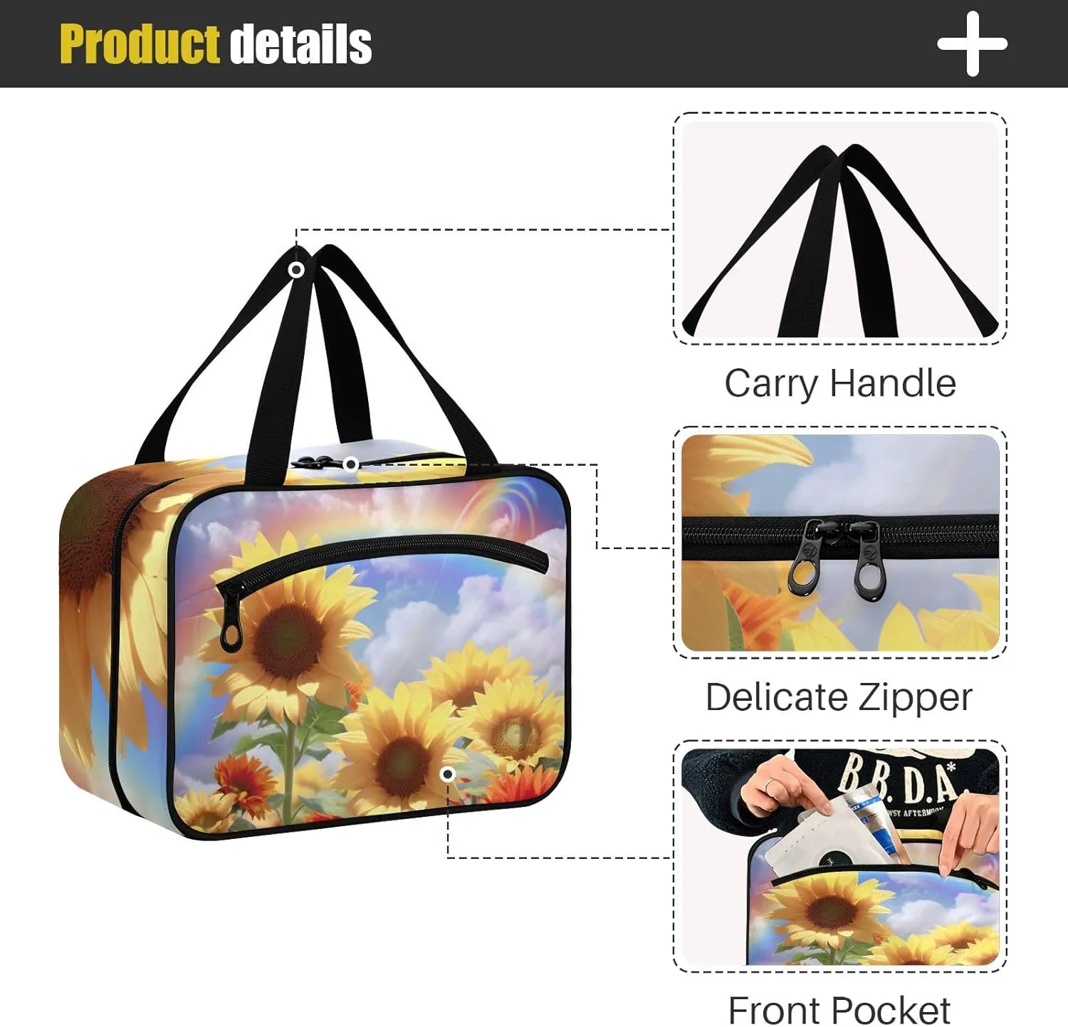 MUKJHOI Hanging Travel Toiletry Bag  4 Zippered Compartments, Transparent Organizer, Compact & Water-Resistant for Gym, Camping, Hotel  Sunflower Cloud Rainbow (2)