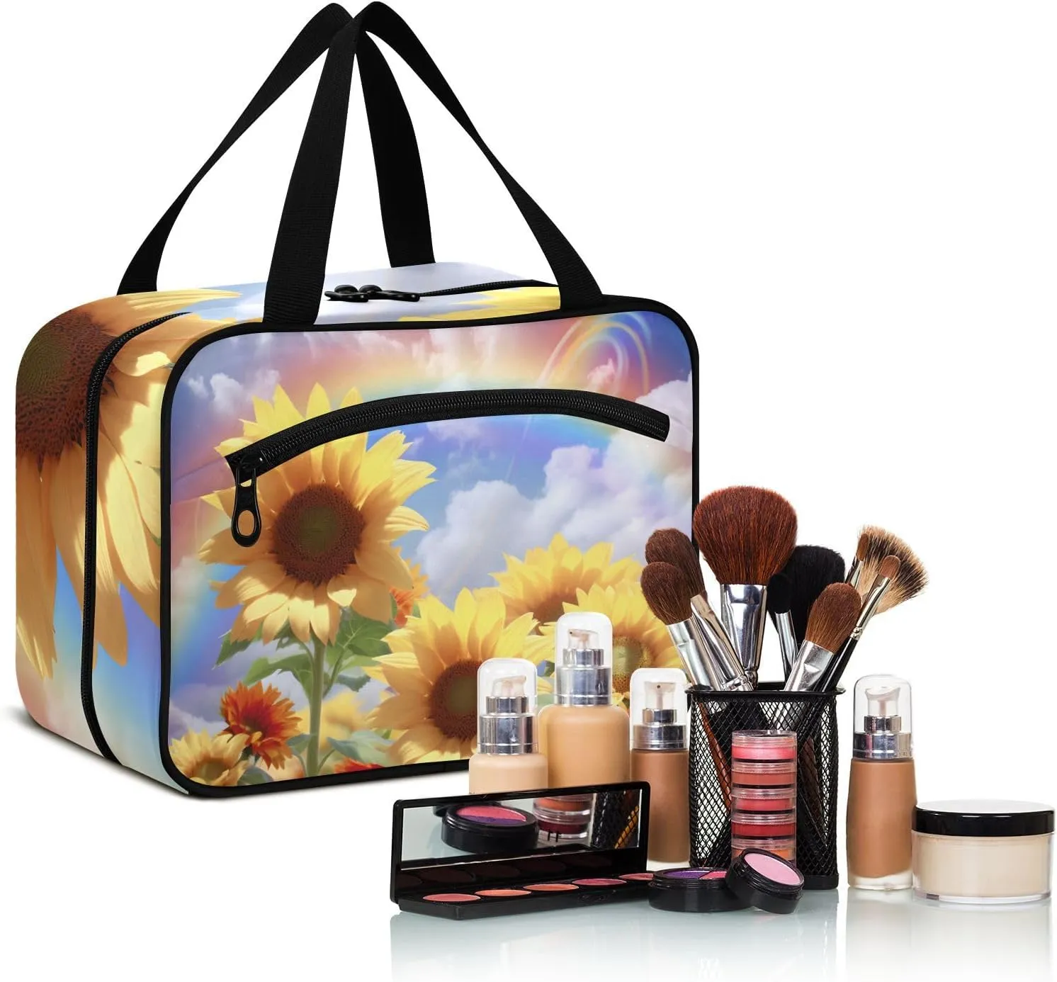 MUKJHOI Hanging Travel Toiletry Bag  4 Zippered Compartments, Transparent Organizer, Compact & Water-Resistant for Gym, Camping, Hotel  Sunflower Cloud Rainbow (2)