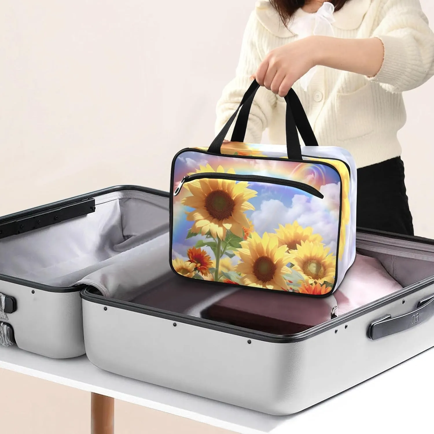 MUKJHOI Hanging Travel Toiletry Bag  4 Zippered Compartments, Transparent Organizer, Compact & Water-Resistant for Gym, Camping, Hotel  Sunflower Cloud Rainbow (2)