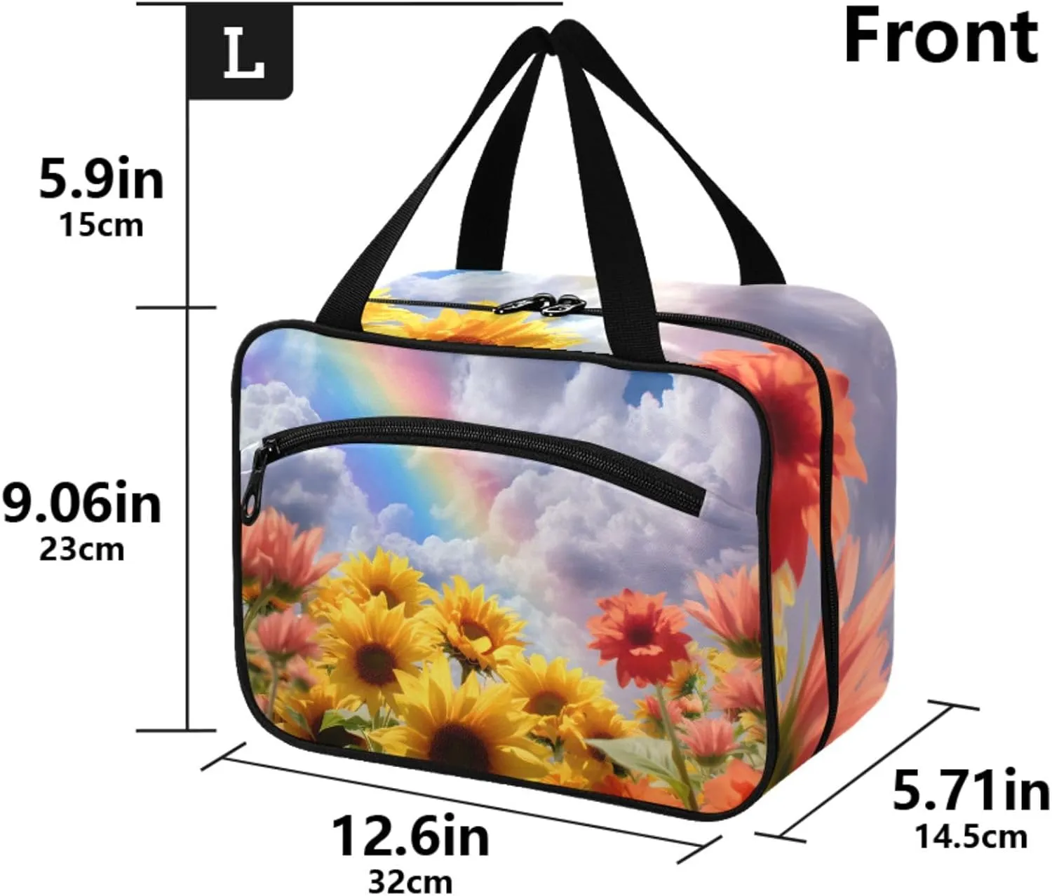 MUKJHOI Hanging Travel Toiletry Bag  4 Zippered Compartments, Transparent Organizer, Compact & Water-Resistant for Gym, Camping, Hotel  Sunflower Cloud Rainbow