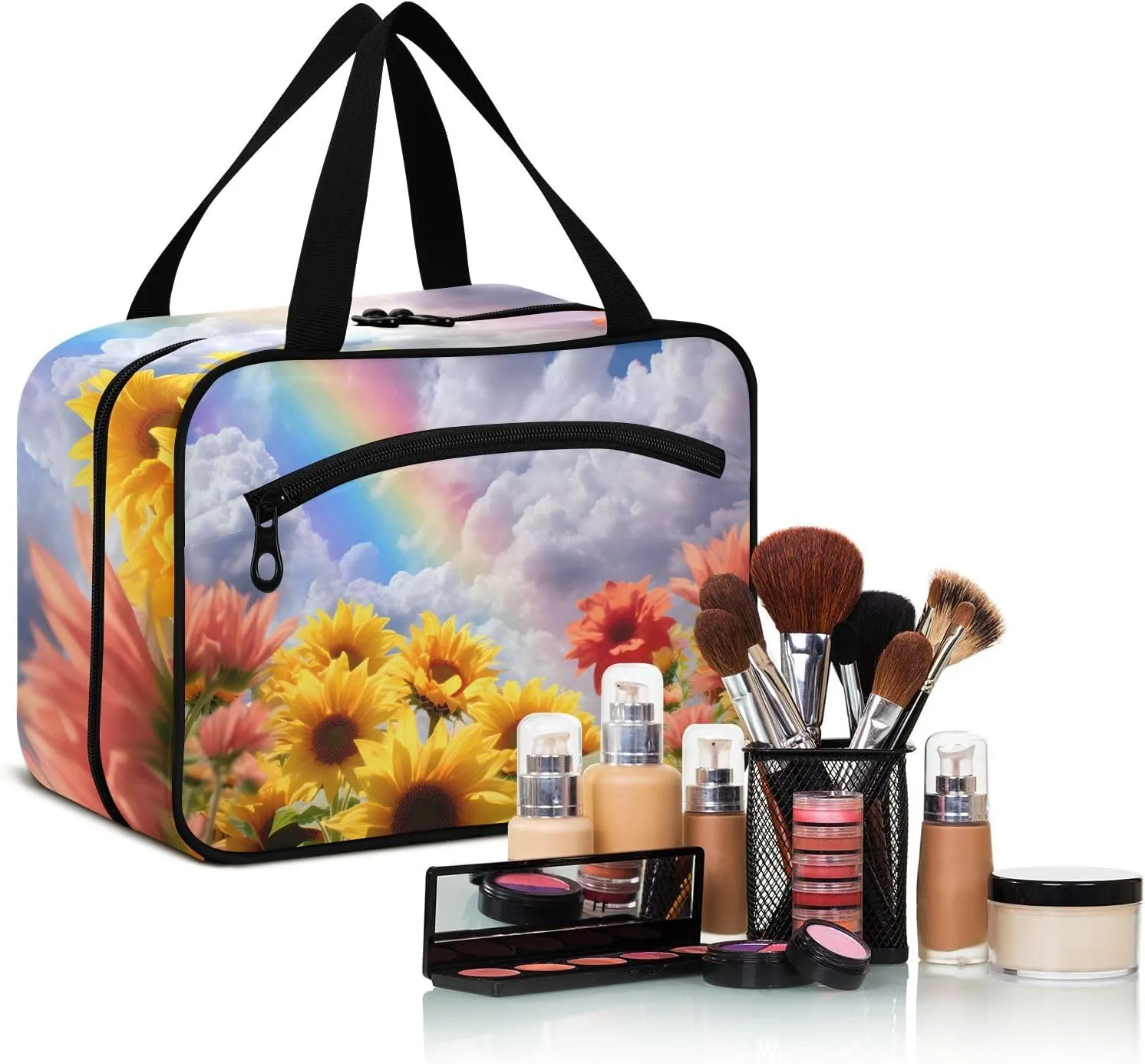 MUKJHOI Hanging Travel Toiletry Bag  4 Zippered Compartments, Transparent Organizer, Compact & Water-Resistant for Gym, Camping, Hotel  Sunflower Cloud Rainbow