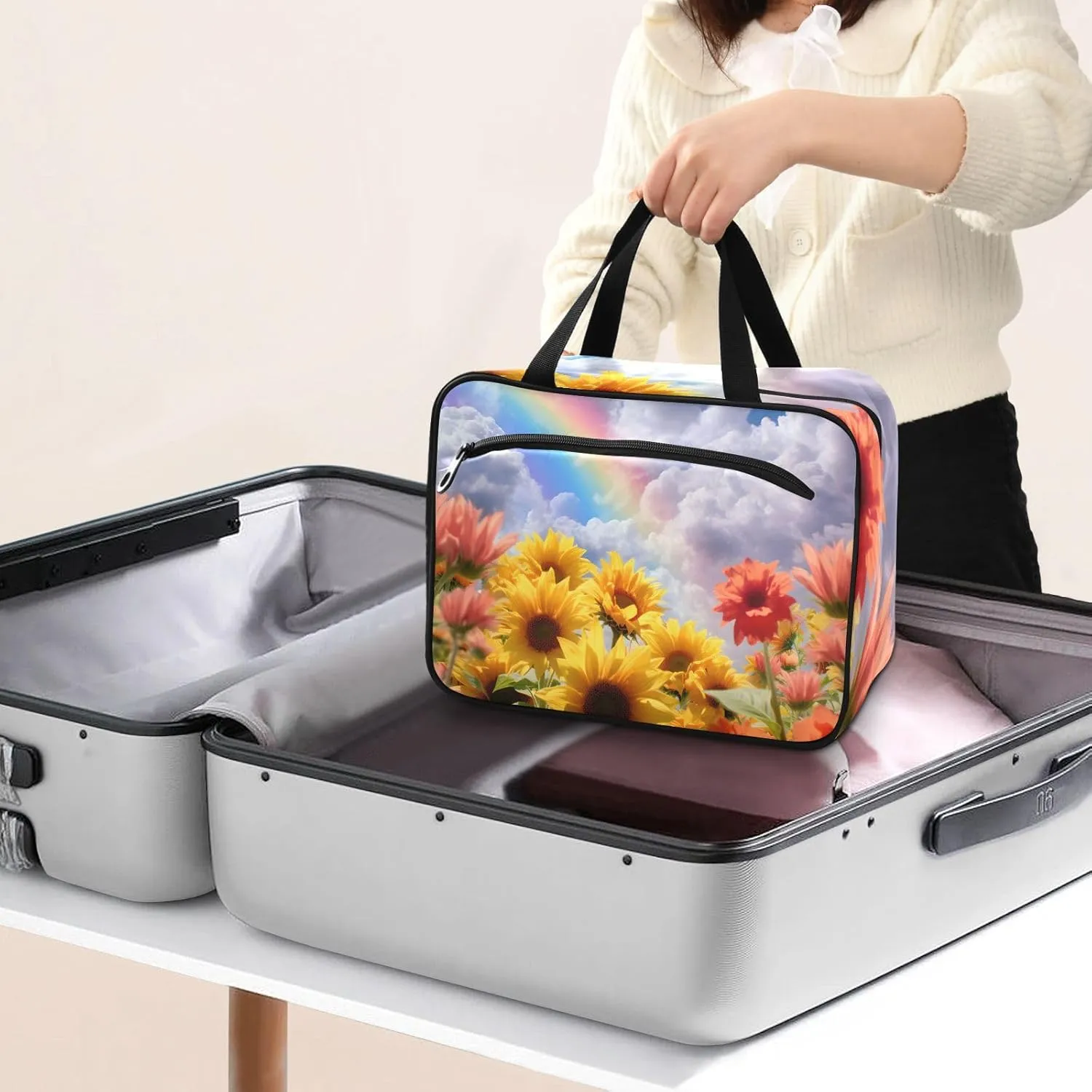 MUKJHOI Hanging Travel Toiletry Bag  4 Zippered Compartments, Transparent Organizer, Compact & Water-Resistant for Gym, Camping, Hotel  Sunflower Cloud Rainbow