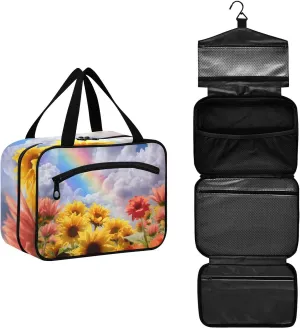 MUKJHOI Hanging Travel Toiletry Bag  4 Zippered Compartments, Transparent Organizer, Compact & Water-Resistant for Gym, Camping, Hotel  Sunflower Cloud Rainbow