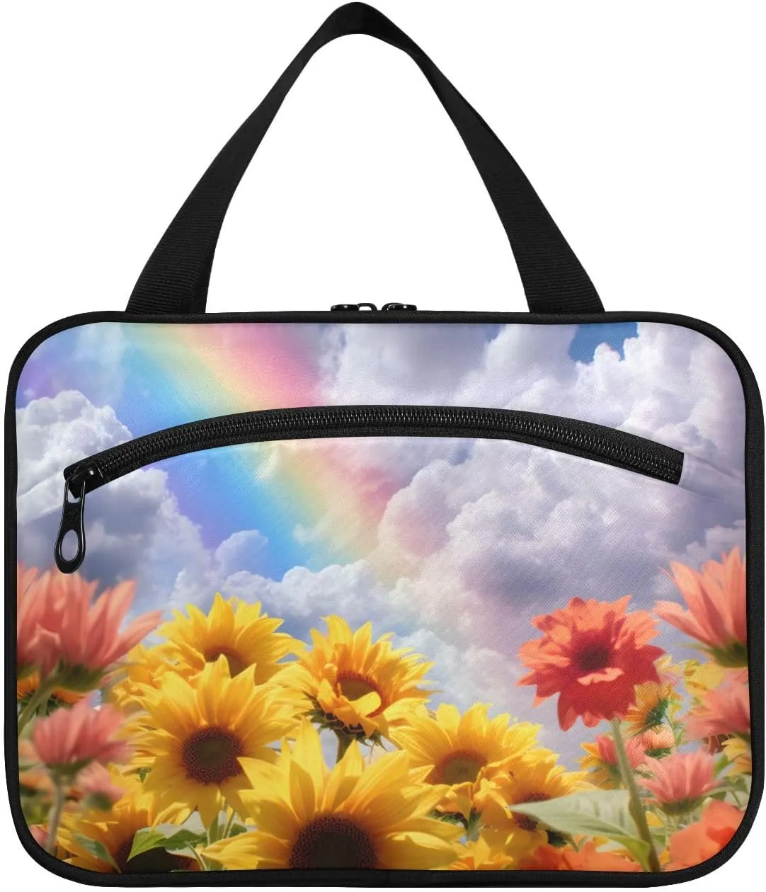 MUKJHOI Hanging Travel Toiletry Bag  4 Zippered Compartments, Transparent Organizer, Compact & Water-Resistant for Gym, Camping, Hotel  Sunflower Cloud Rainbow