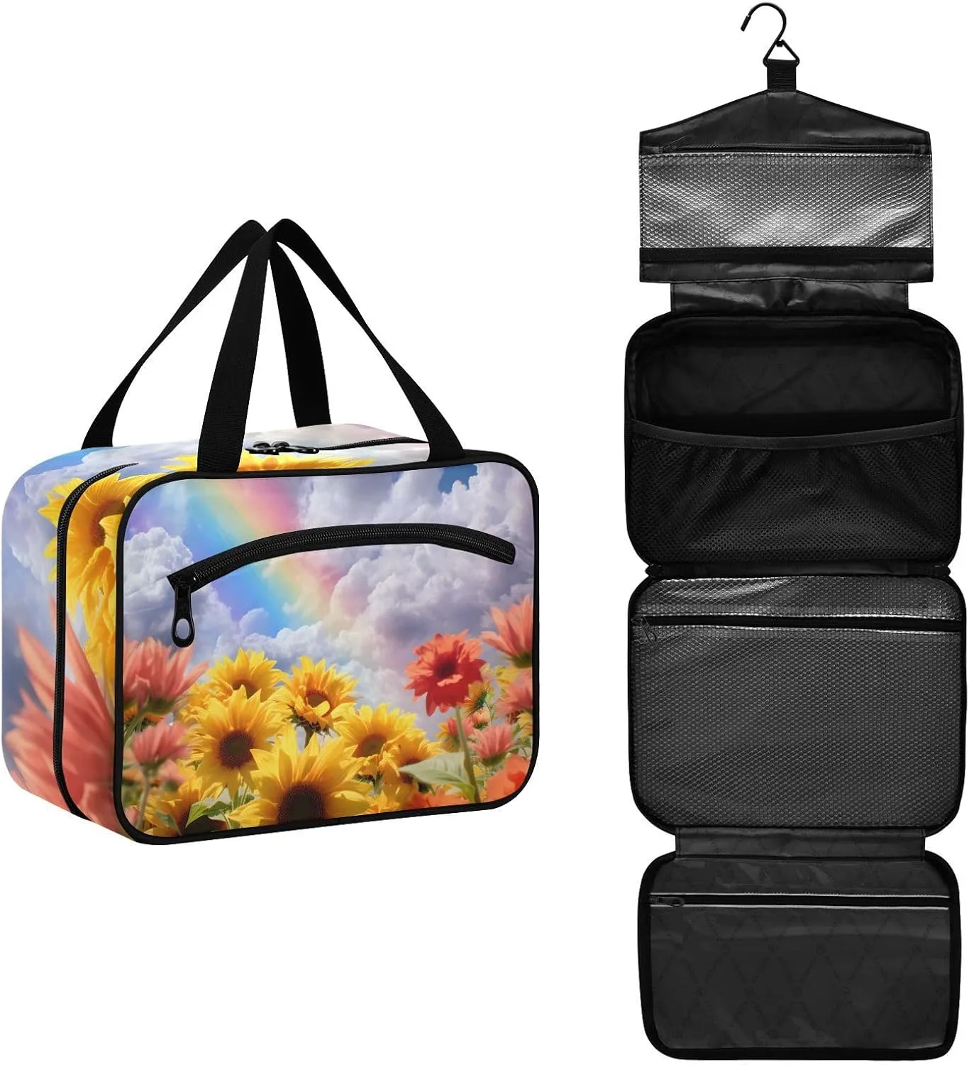 MUKJHOI Hanging Travel Toiletry Bag  4 Zippered Compartments, Transparent Organizer, Compact & Water-Resistant for Gym, Camping, Hotel  Sunflower Cloud Rainbow