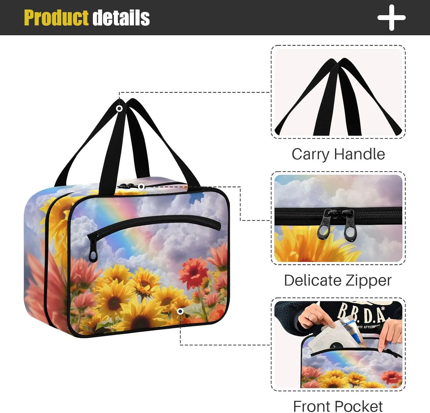 MUKJHOI Hanging Travel Toiletry Bag  4 Zippered Compartments, Transparent Organizer, Compact & Water-Resistant for Gym, Camping, Hotel  Sunflower Cloud Rainbow