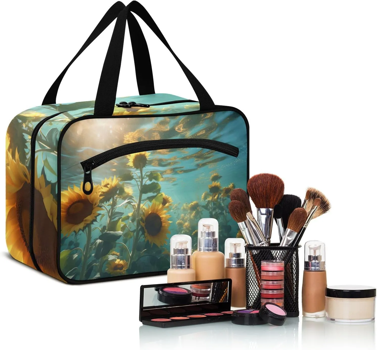 MUKJHOI Hanging Travel Toiletry Bag  4 Zippered Compartments, Transparent Organizer, Compact & Water-Resistant for Gym, Camping, Hotel  Sunflower Underwater