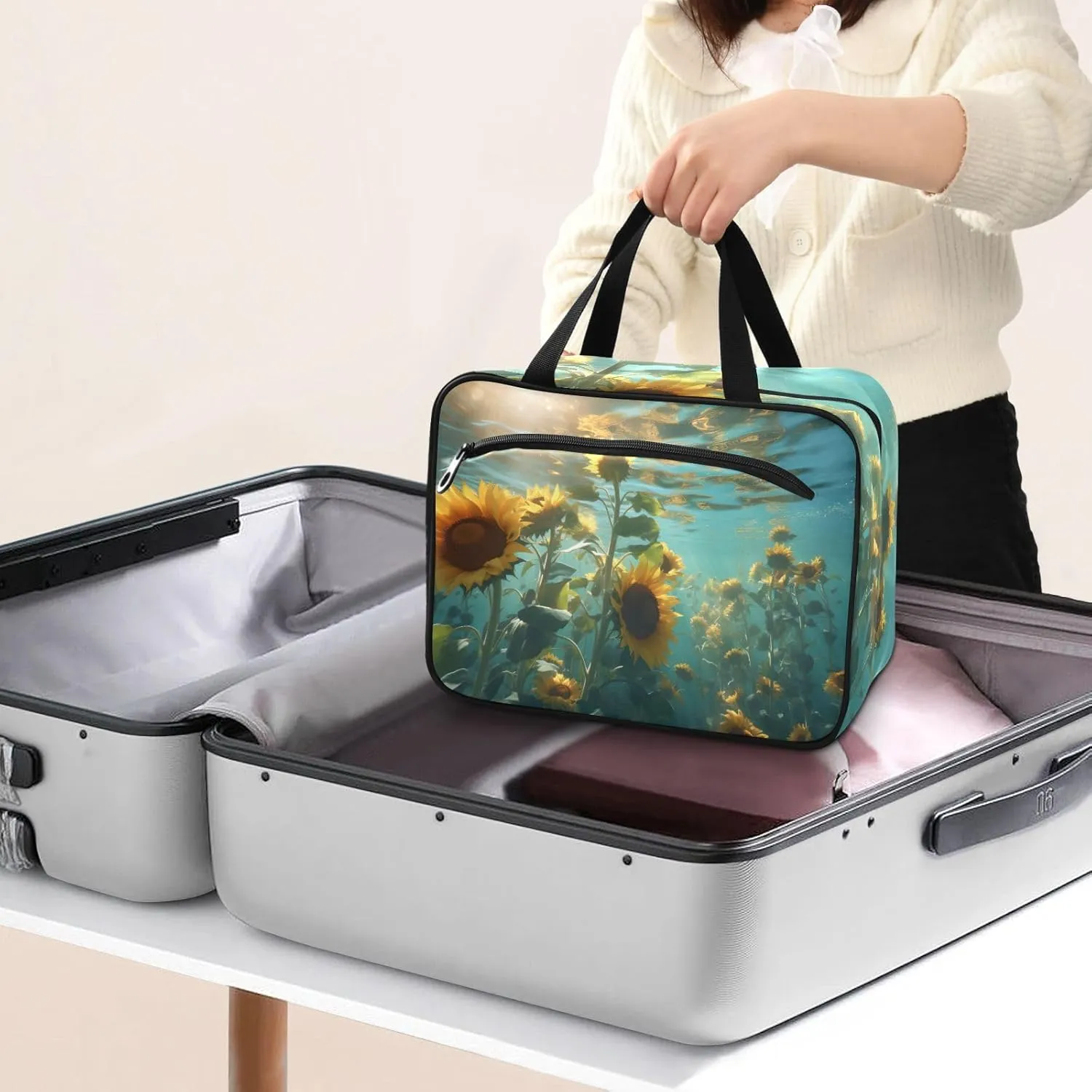 MUKJHOI Hanging Travel Toiletry Bag  4 Zippered Compartments, Transparent Organizer, Compact & Water-Resistant for Gym, Camping, Hotel  Sunflower Underwater