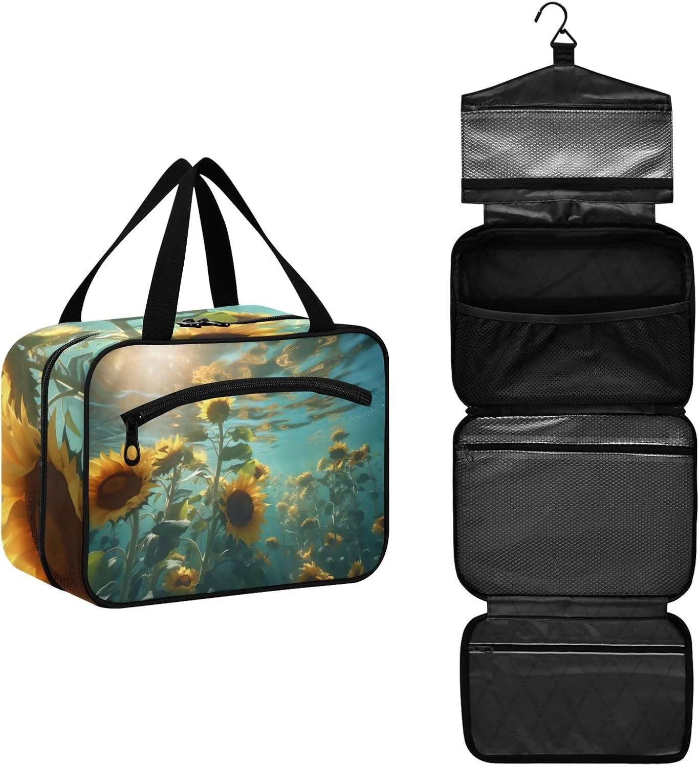 MUKJHOI Hanging Travel Toiletry Bag  4 Zippered Compartments, Transparent Organizer, Compact & Water-Resistant for Gym, Camping, Hotel  Sunflower Underwater
