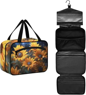 MUKJHOI Hanging Travel Toiletry Bag  4 Zippered Compartments, Transparent Organizer, Compact & Water-Resistant for Gym, Camping, Hotel  Sunflowers Under The Starry Sky