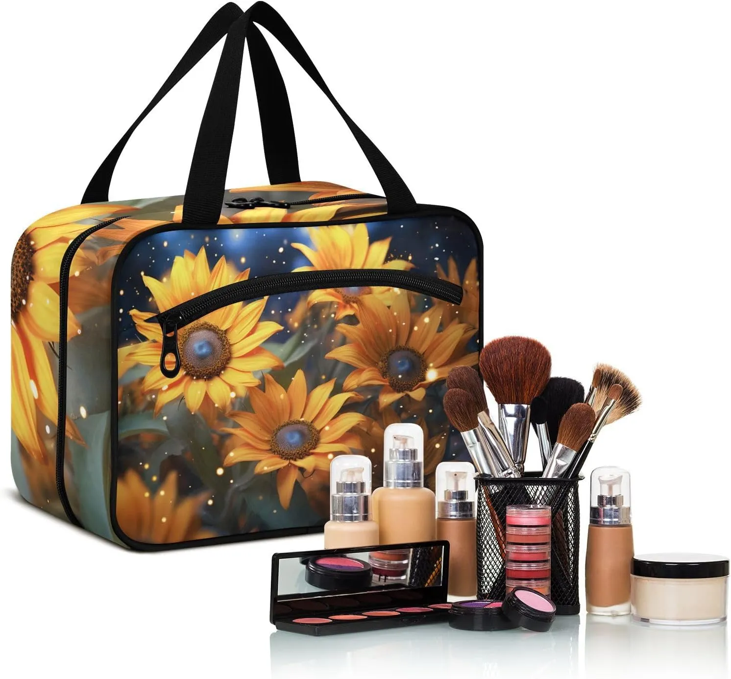 MUKJHOI Hanging Travel Toiletry Bag  4 Zippered Compartments, Transparent Organizer, Compact & Water-Resistant for Gym, Camping, Hotel  Sunflowers Under The Starry Sky