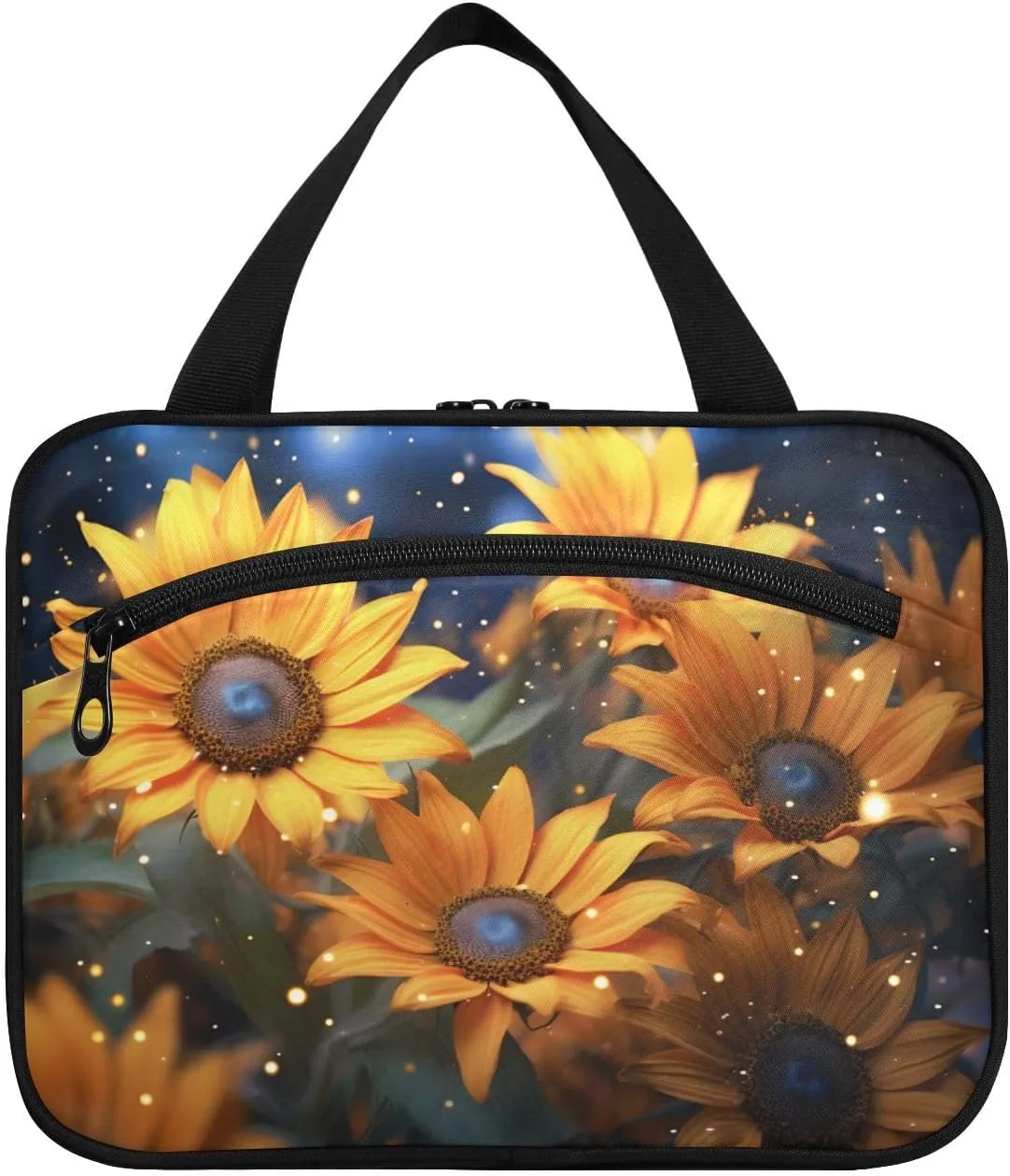 MUKJHOI Hanging Travel Toiletry Bag  4 Zippered Compartments, Transparent Organizer, Compact & Water-Resistant for Gym, Camping, Hotel  Sunflowers Under The Starry Sky