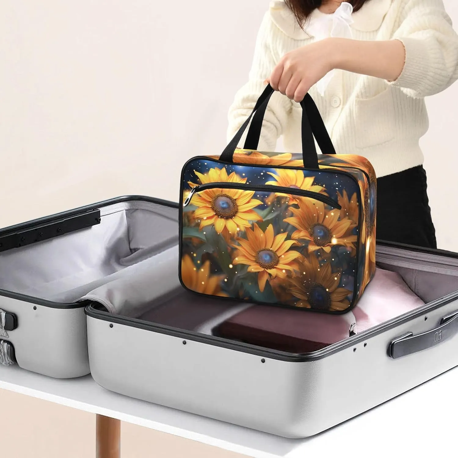 MUKJHOI Hanging Travel Toiletry Bag  4 Zippered Compartments, Transparent Organizer, Compact & Water-Resistant for Gym, Camping, Hotel  Sunflowers Under The Starry Sky