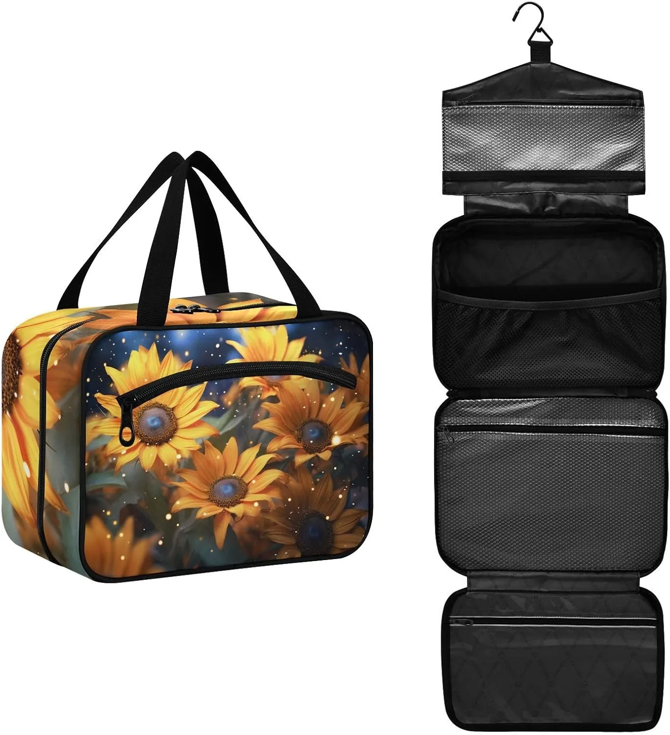 MUKJHOI Hanging Travel Toiletry Bag  4 Zippered Compartments, Transparent Organizer, Compact & Water-Resistant for Gym, Camping, Hotel  Sunflowers Under The Starry Sky