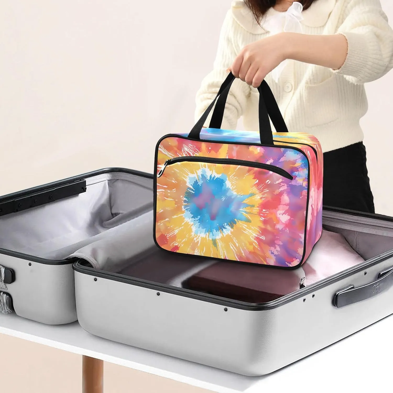 MUKJHOI Hanging Travel Toiletry Bag  4 Zippered Compartments, Transparent Organizer, Compact & Water-Resistant for Gym, Camping, Hotel  Tie Dye (10)