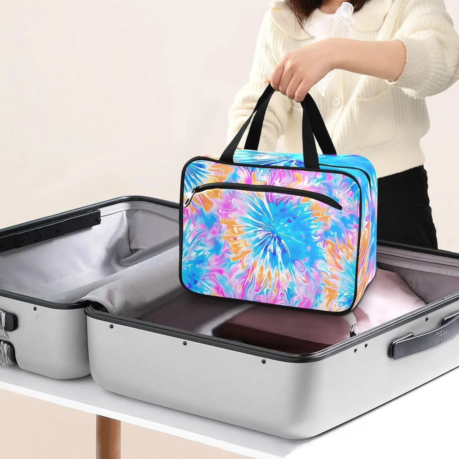 MUKJHOI Hanging Travel Toiletry Bag  4 Zippered Compartments, Transparent Organizer, Compact & Water-Resistant for Gym, Camping, Hotel  Tie Dye (1)