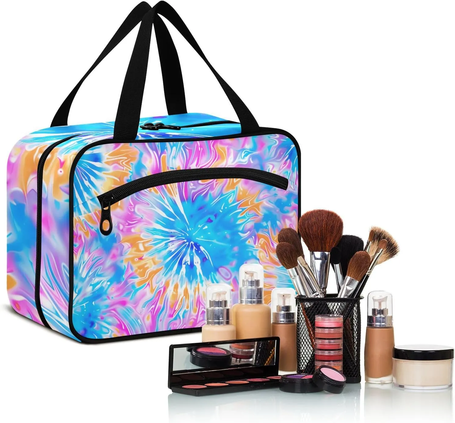 MUKJHOI Hanging Travel Toiletry Bag  4 Zippered Compartments, Transparent Organizer, Compact & Water-Resistant for Gym, Camping, Hotel  Tie Dye (1)