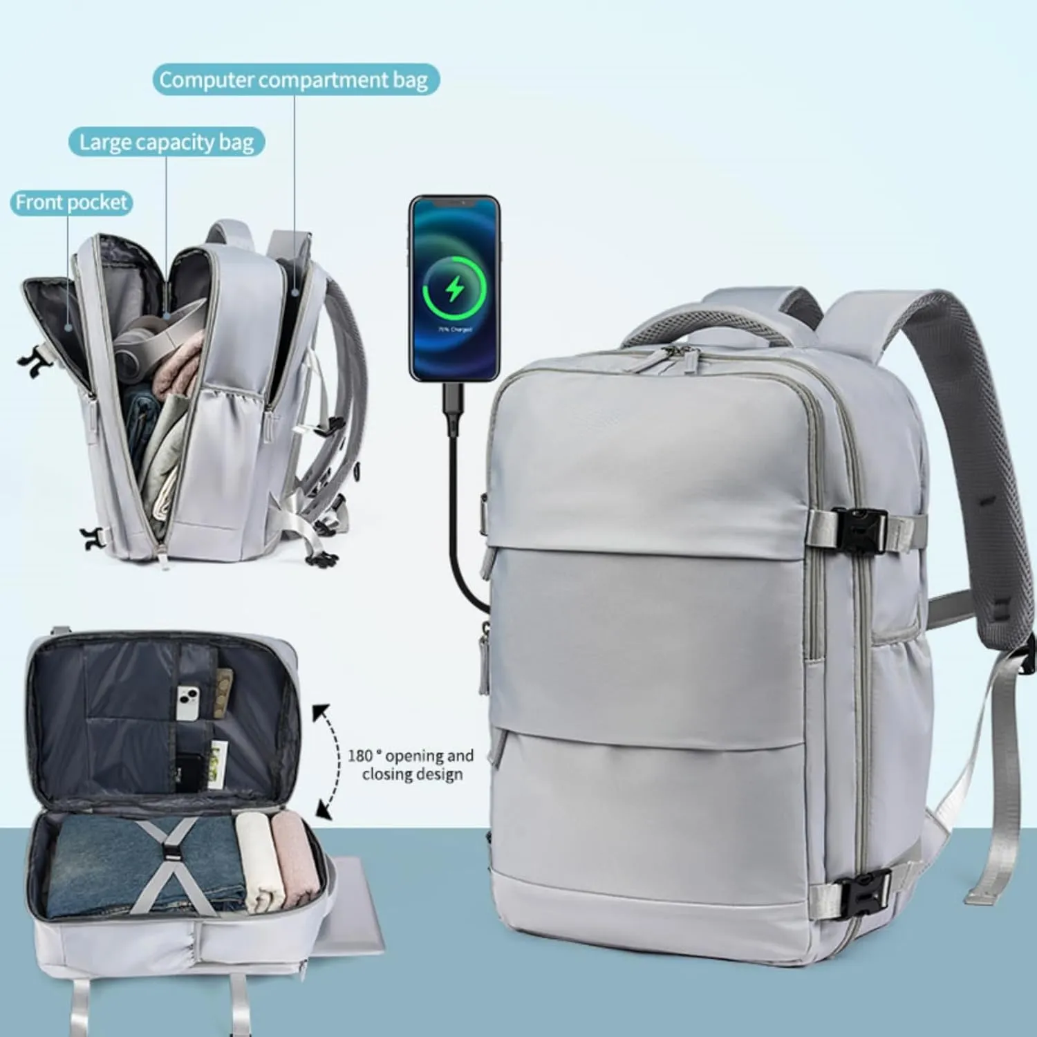 Multi-Functional Travel Backpack, Travel Laptop Backpack with USB Charging Port, Waterproof Business and Outdoor Sports Slim Travel Backpack, Large Capacity Laptop Backpack (Grey)