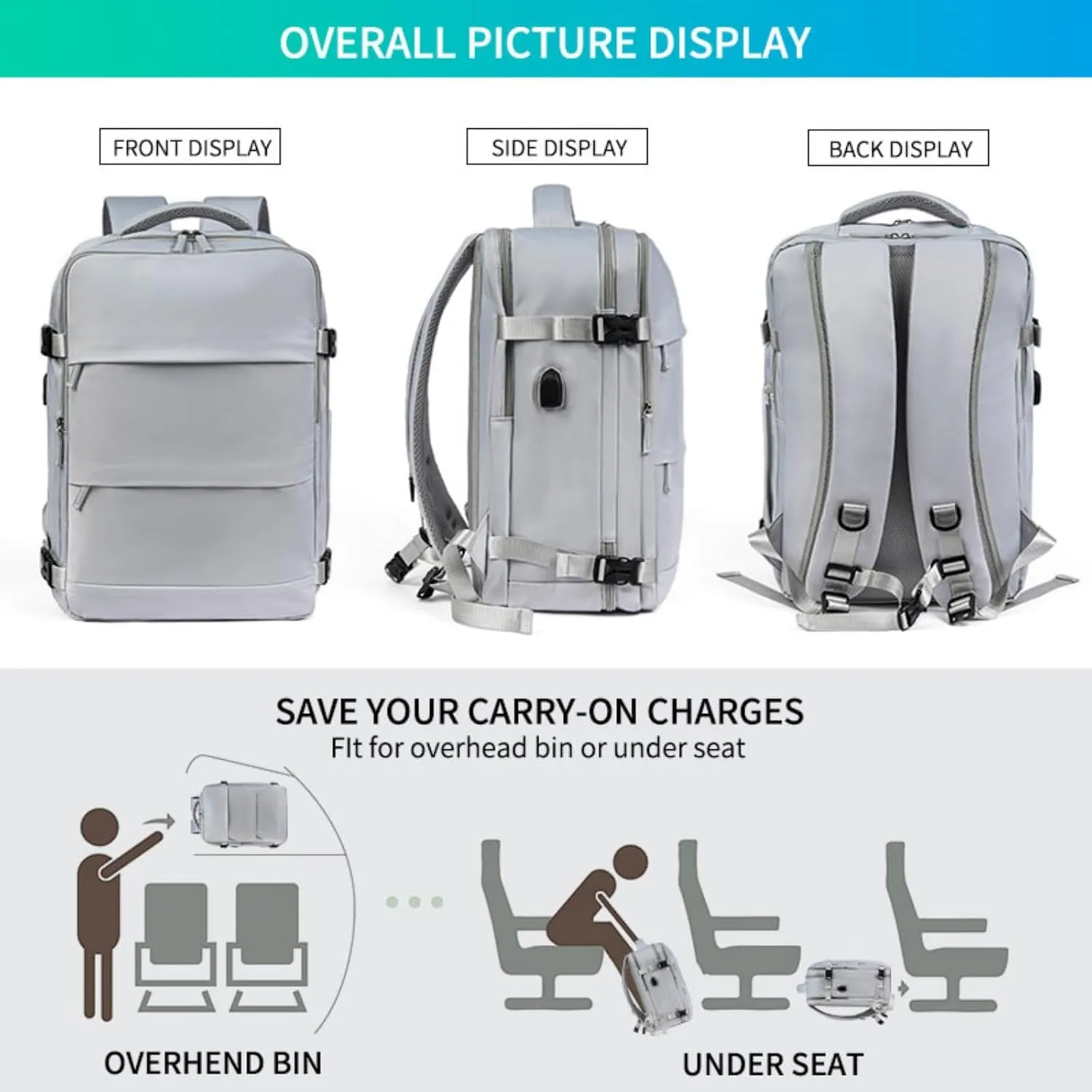 Multi-Functional Travel Backpack, Travel Laptop Backpack with USB Charging Port, Waterproof Business and Outdoor Sports Slim Travel Backpack, Large Capacity Laptop Backpack (Grey)