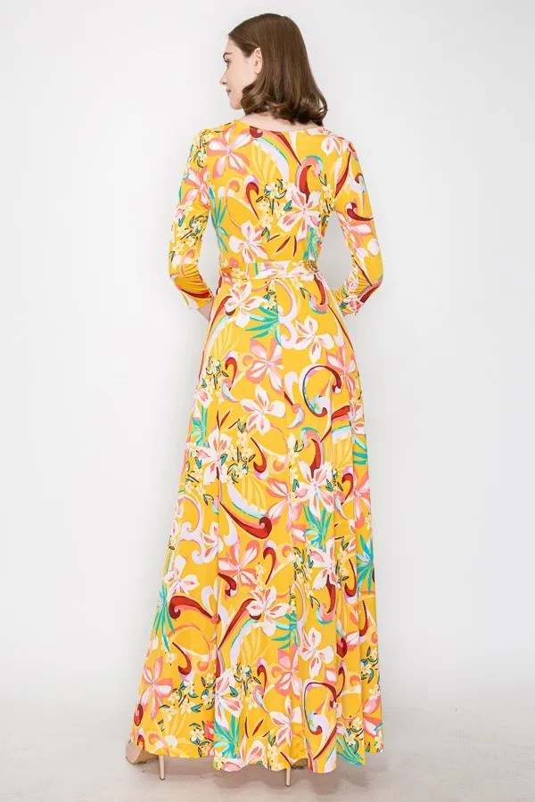 Mustard Hibiscus Bliss Venechia Maxi Wrap Dress
