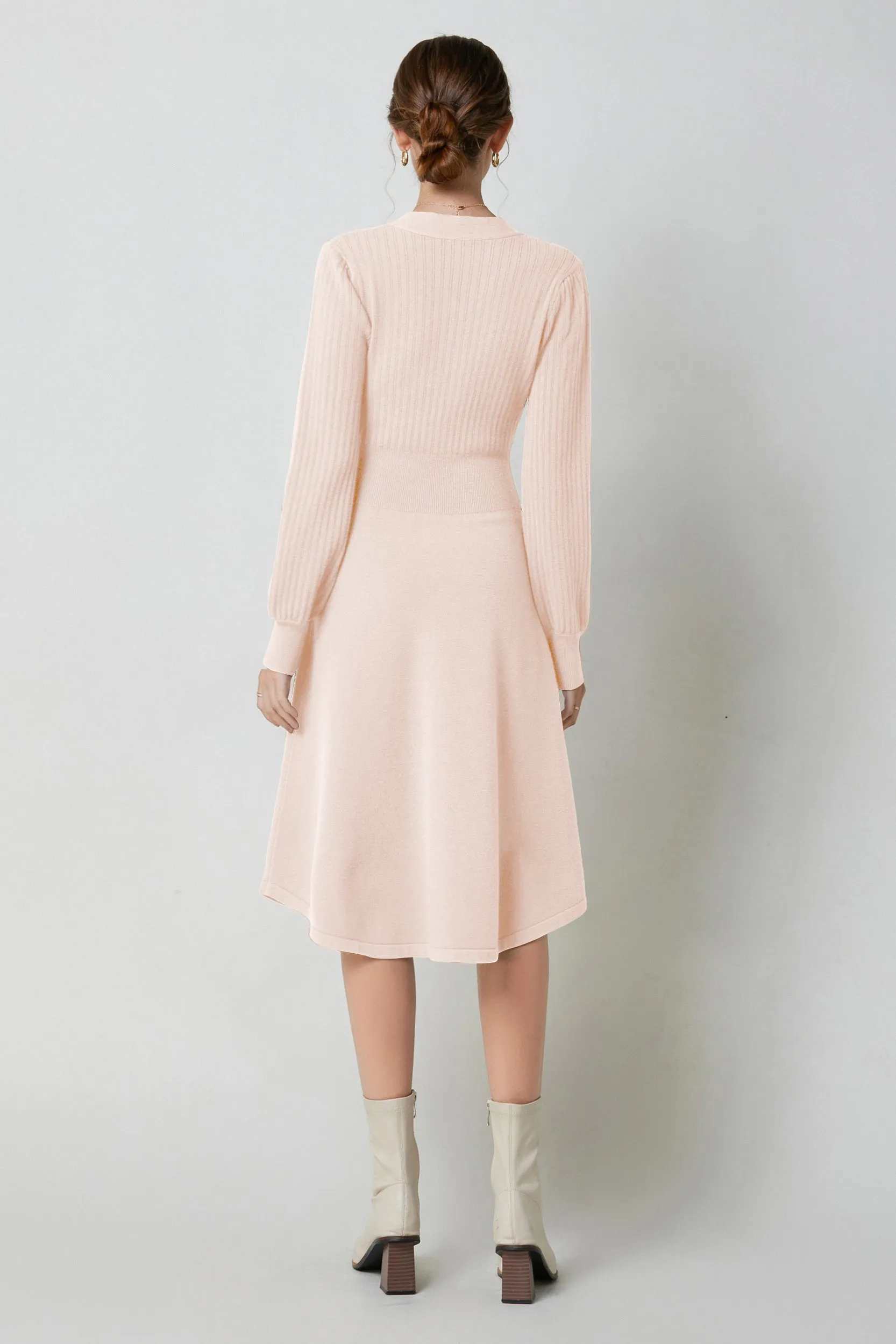 Nicola V-neck Puff Sleeve Stretch Knit Midi Dress