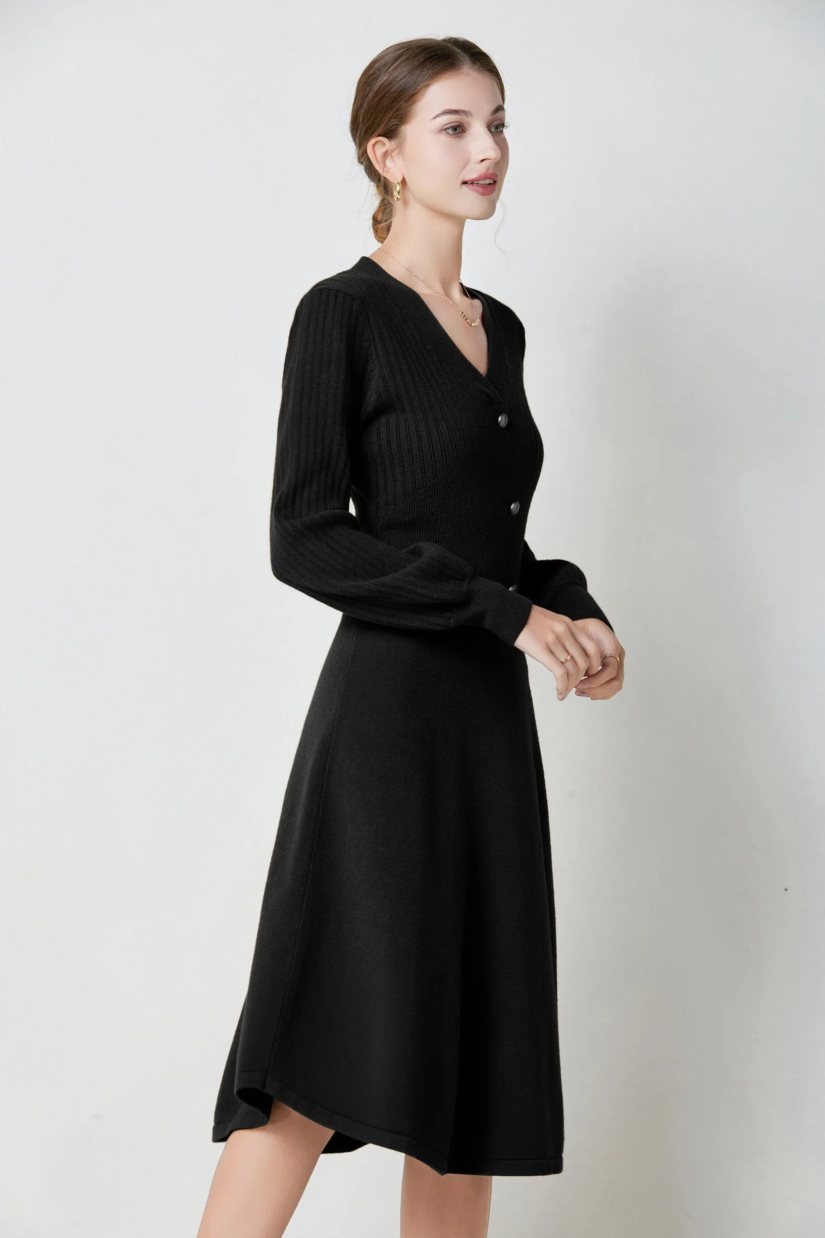 Nicola V-neck Puff Sleeve Stretch Knit Midi Dress