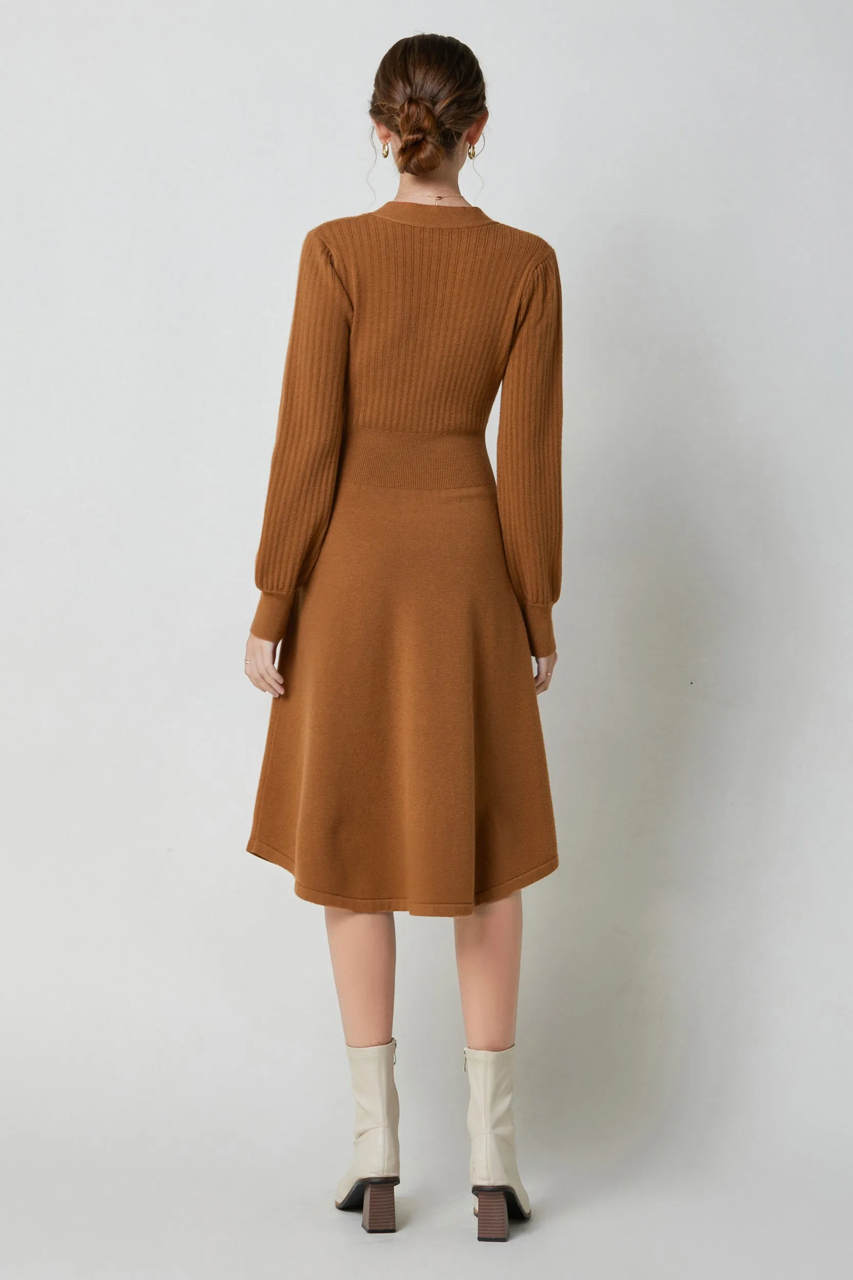Nicola V-neck Puff Sleeve Stretch Knit Midi Dress