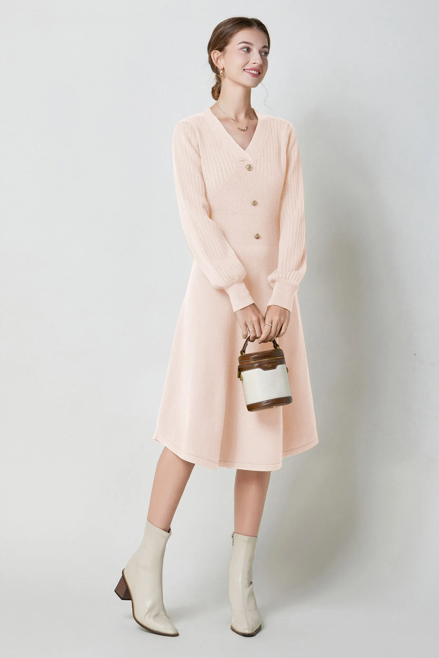 Nicola V-neck Puff Sleeve Stretch Knit Midi Dress