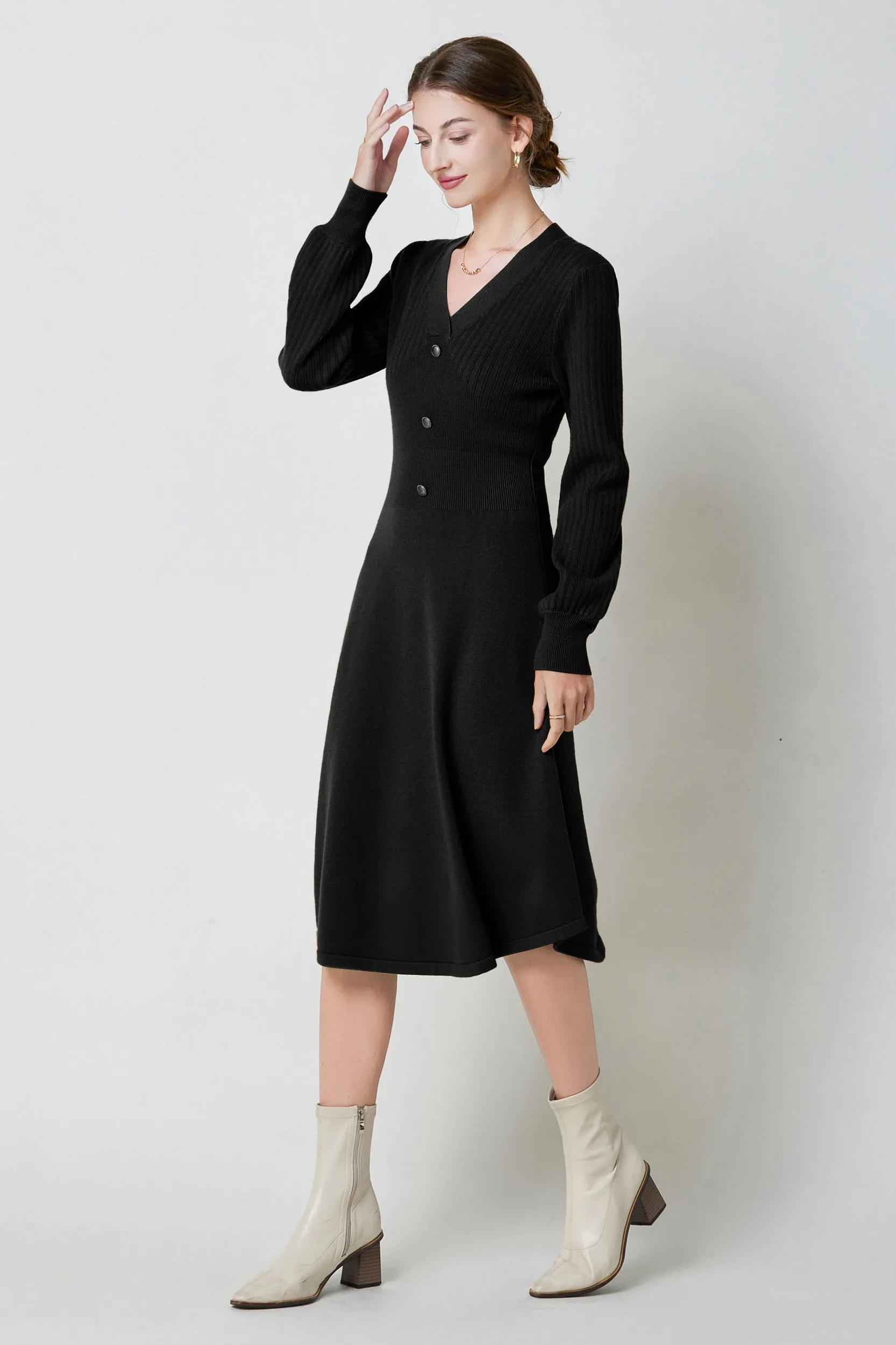Nicola V-neck Puff Sleeve Stretch Knit Midi Dress
