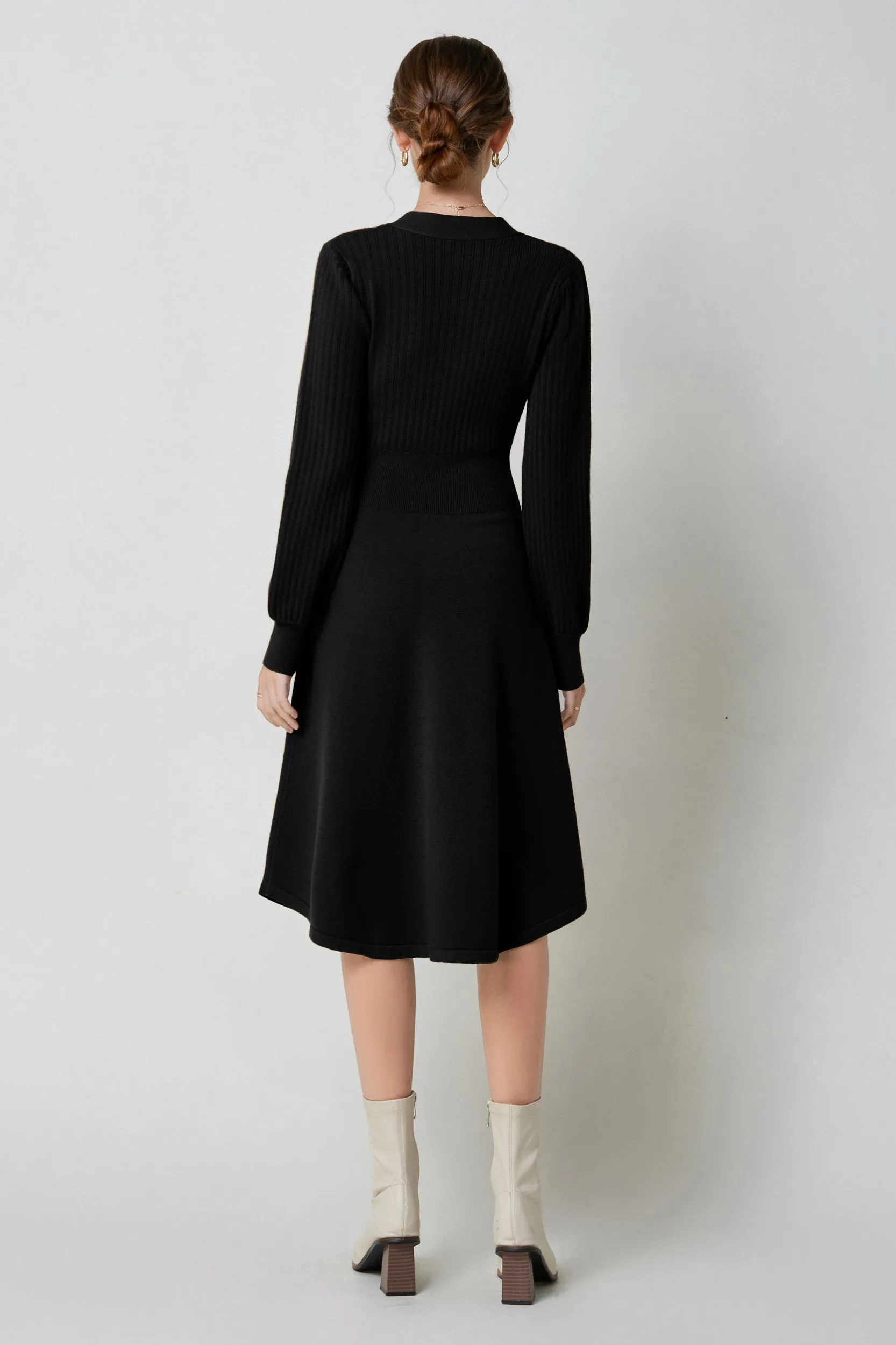 Nicola V-neck Puff Sleeve Stretch Knit Midi Dress