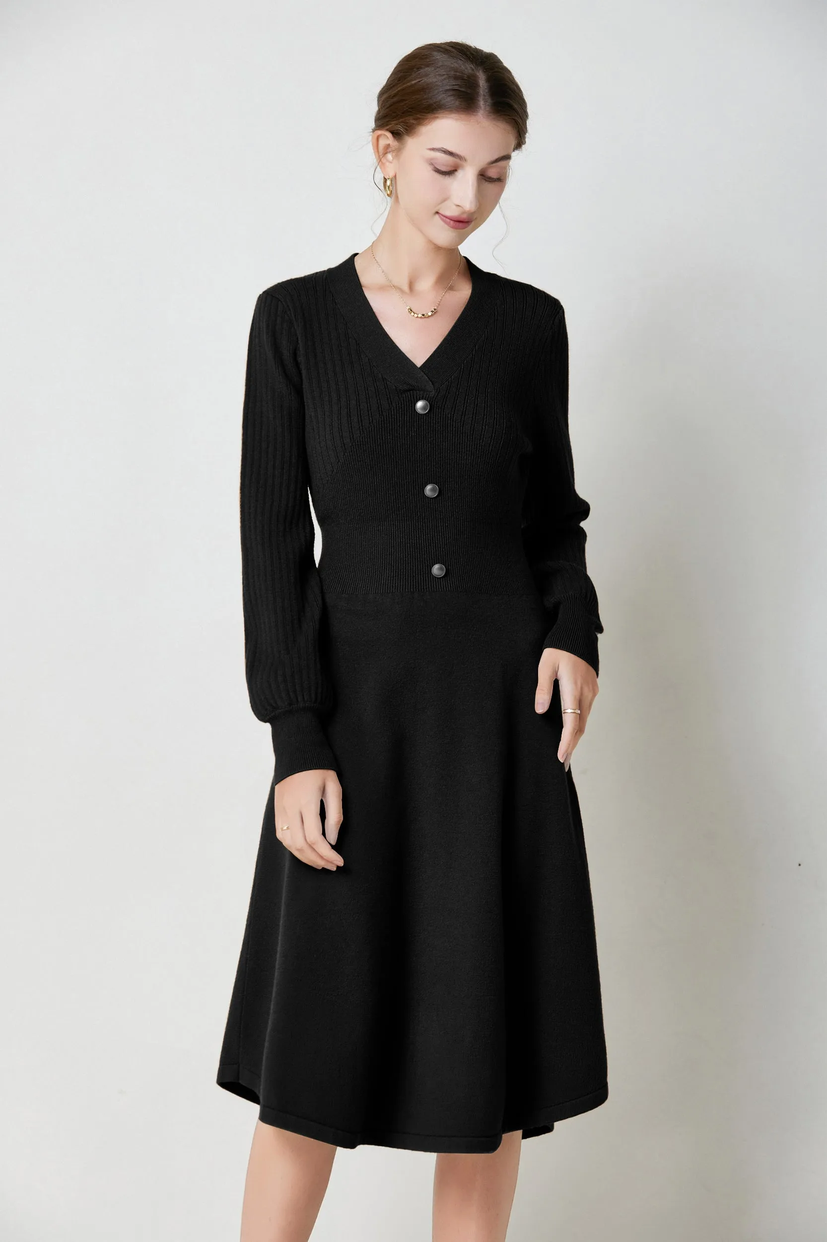 Nicola V-neck Puff Sleeve Stretch Knit Midi Dress