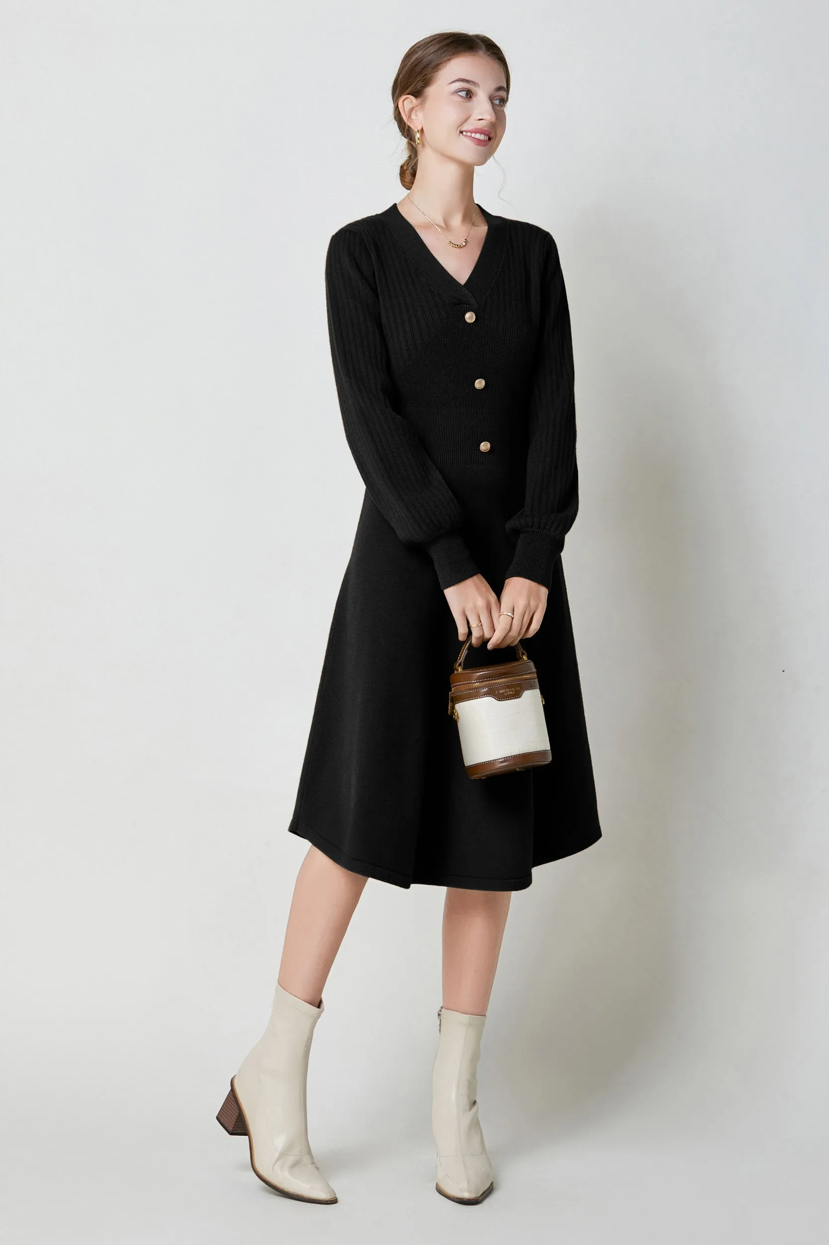 Nicola V-neck Puff Sleeve Stretch Knit Midi Dress