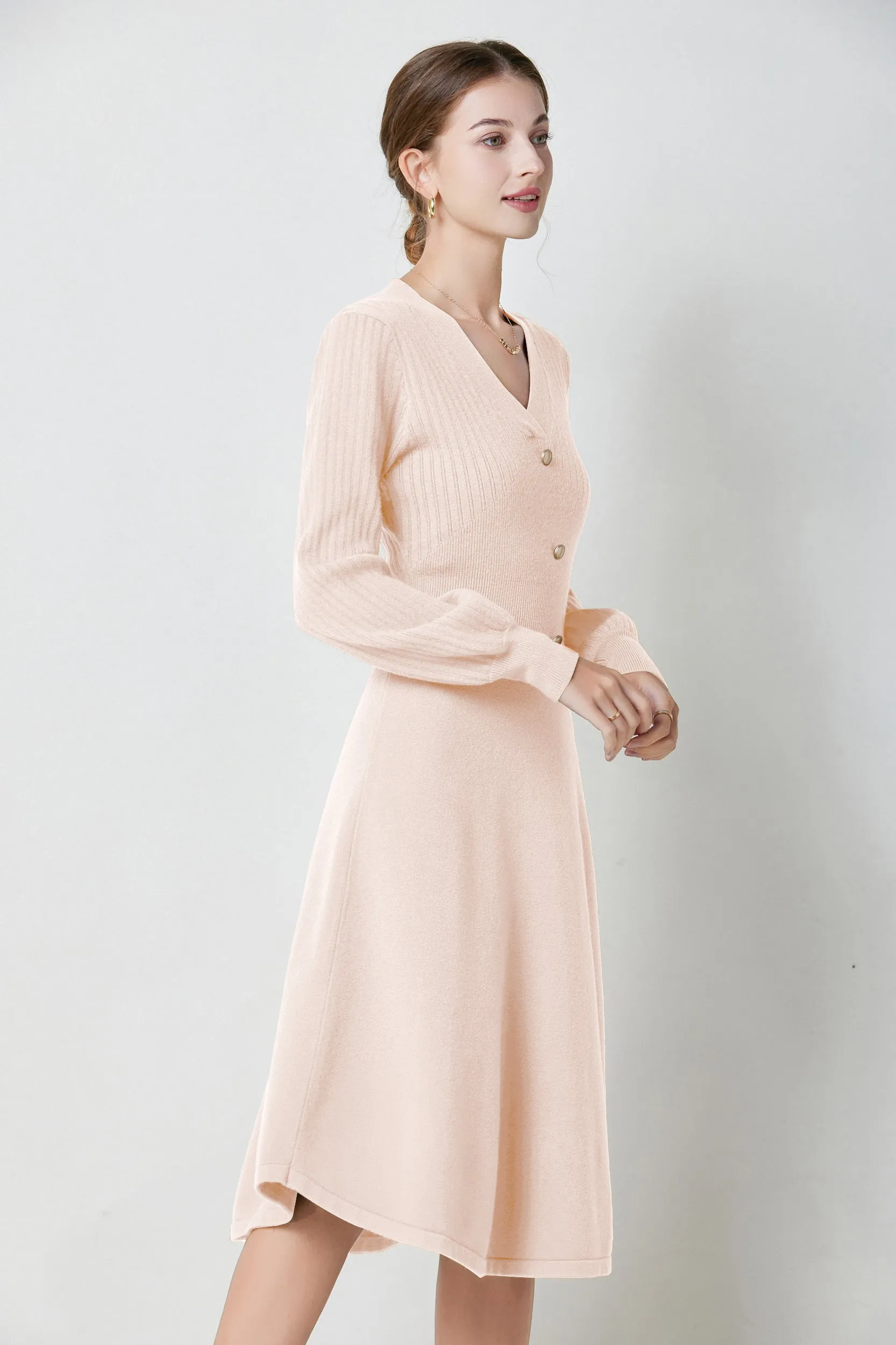 Nicola V-neck Puff Sleeve Stretch Knit Midi Dress