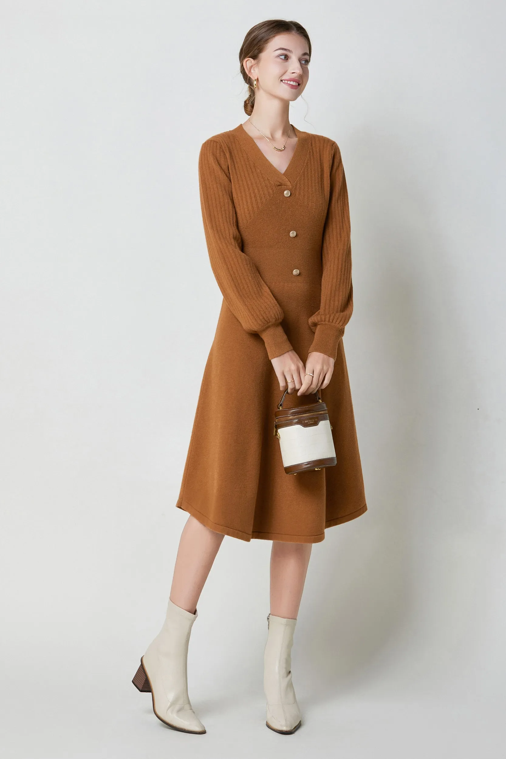 Nicola V-neck Puff Sleeve Stretch Knit Midi Dress