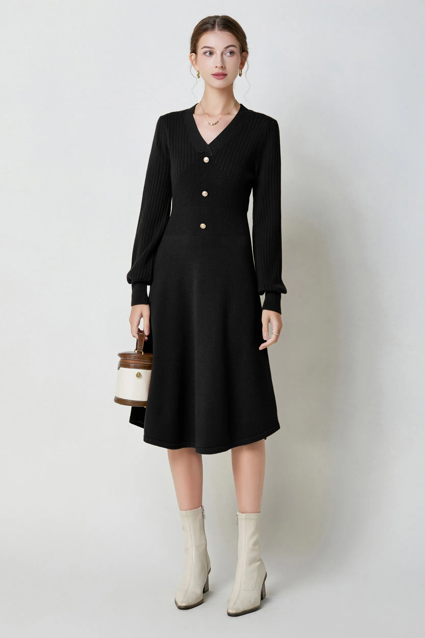Nicola V-neck Puff Sleeve Stretch Knit Midi Dress