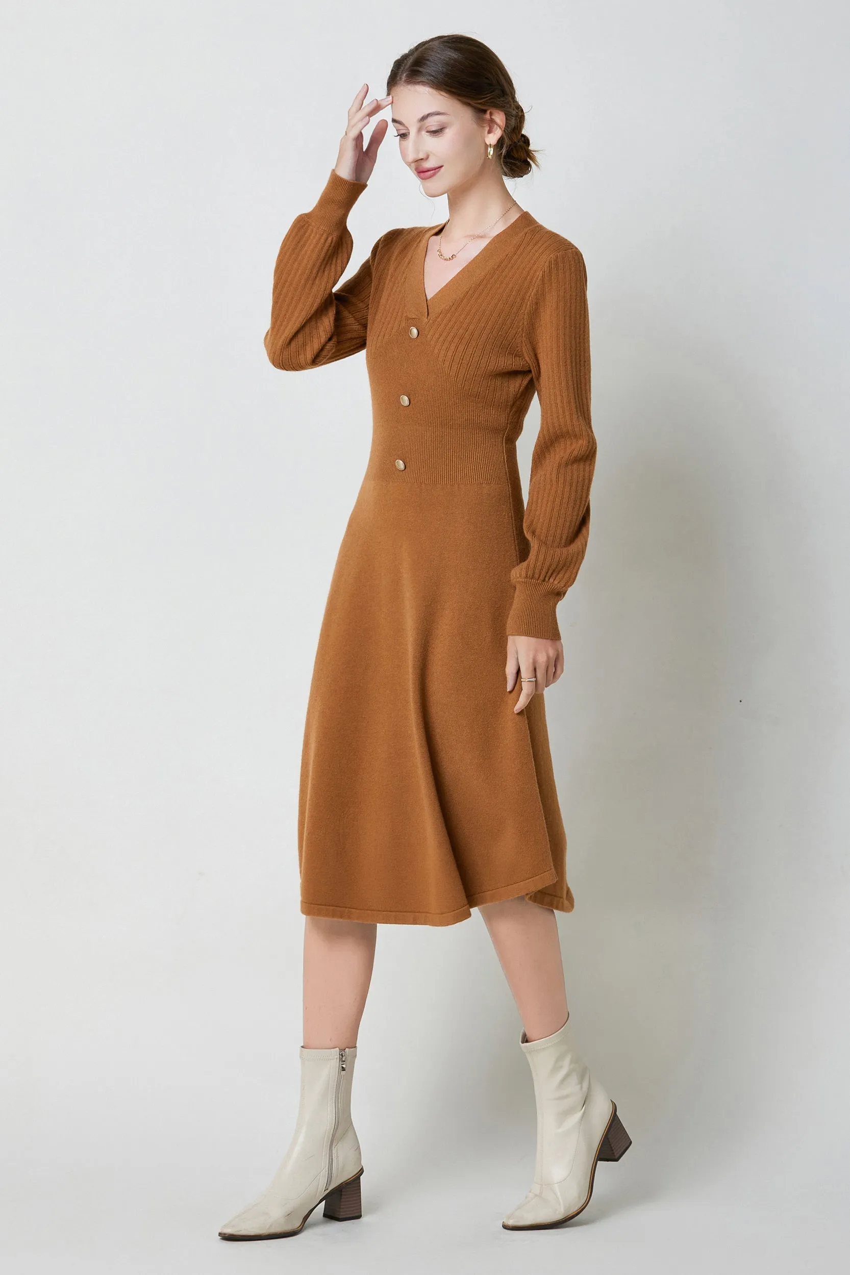 Nicola V-neck Puff Sleeve Stretch Knit Midi Dress