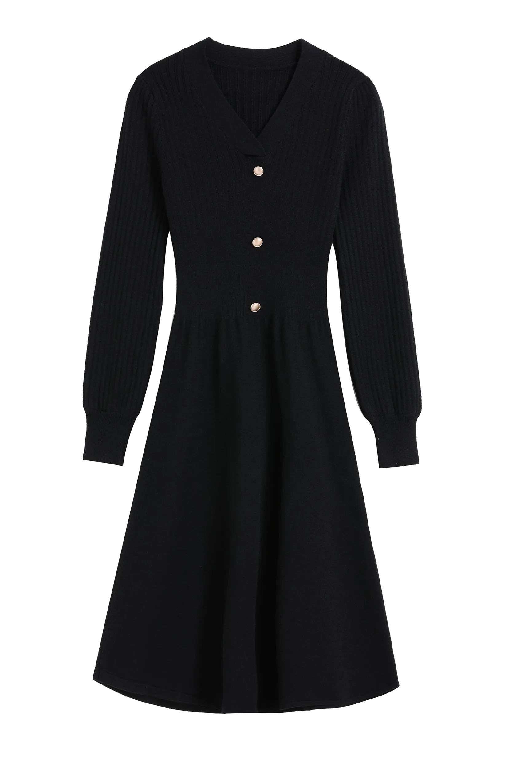 Nicola V-neck Puff Sleeve Stretch Knit Midi Dress