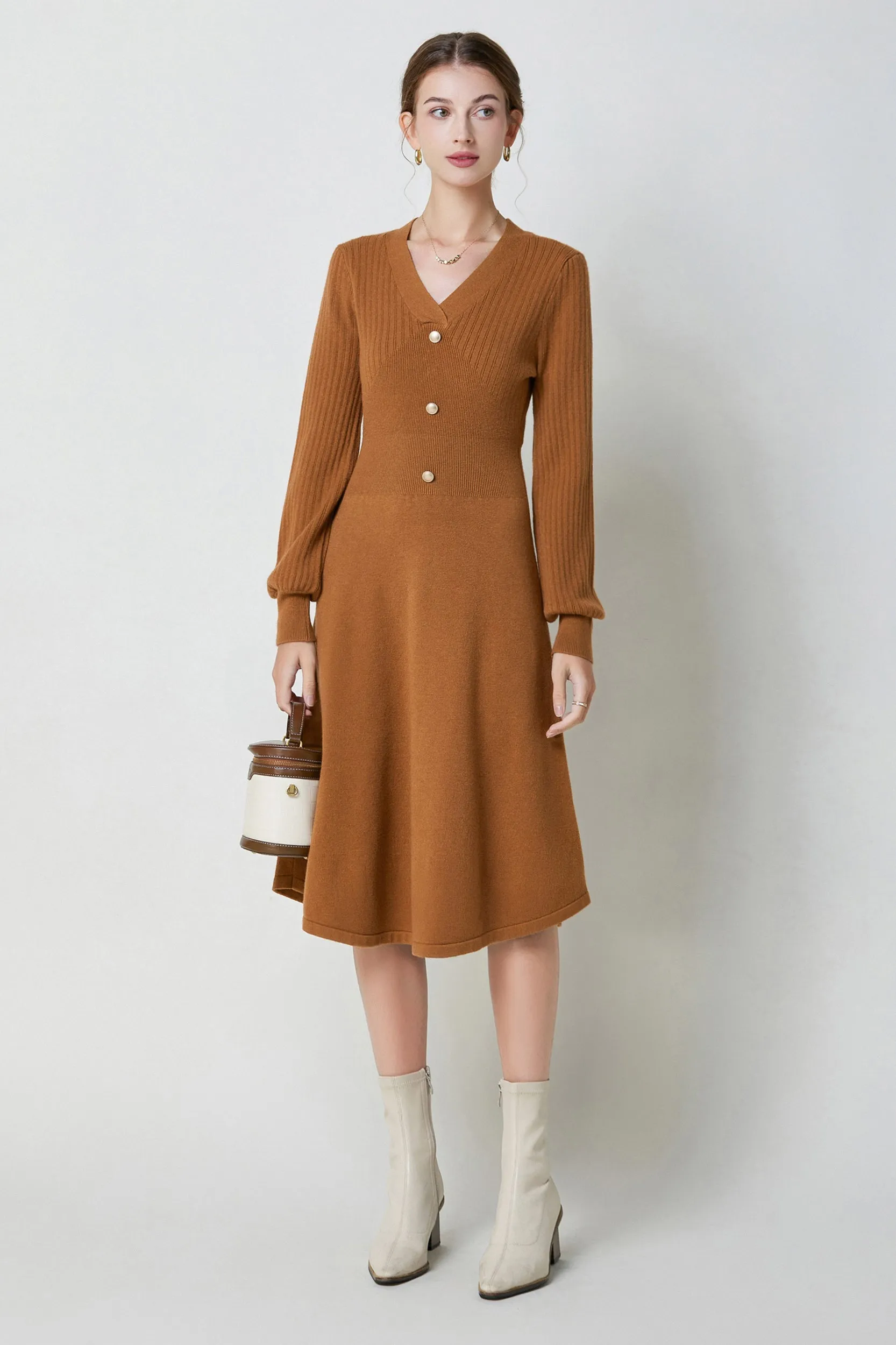 Nicola V-neck Puff Sleeve Stretch Knit Midi Dress