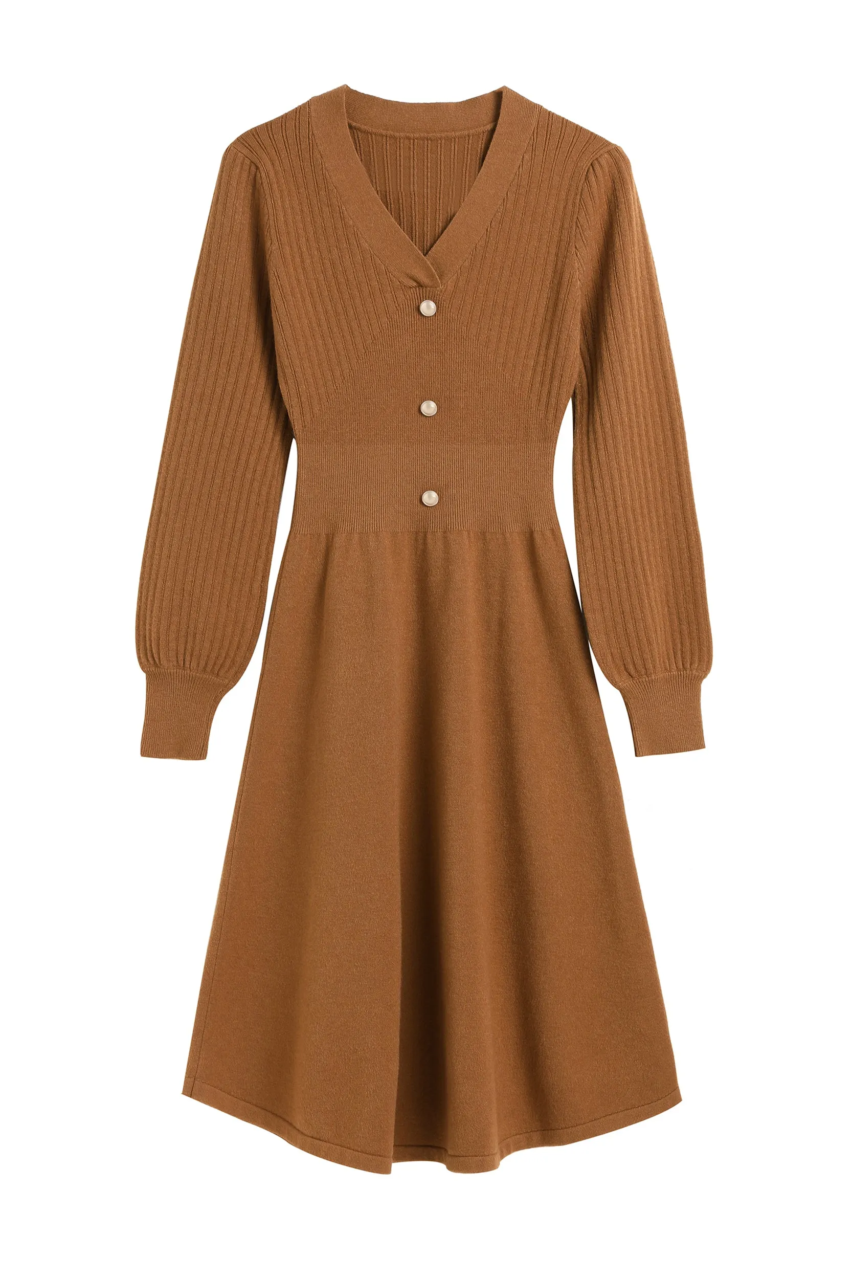 Nicola V-neck Puff Sleeve Stretch Knit Midi Dress