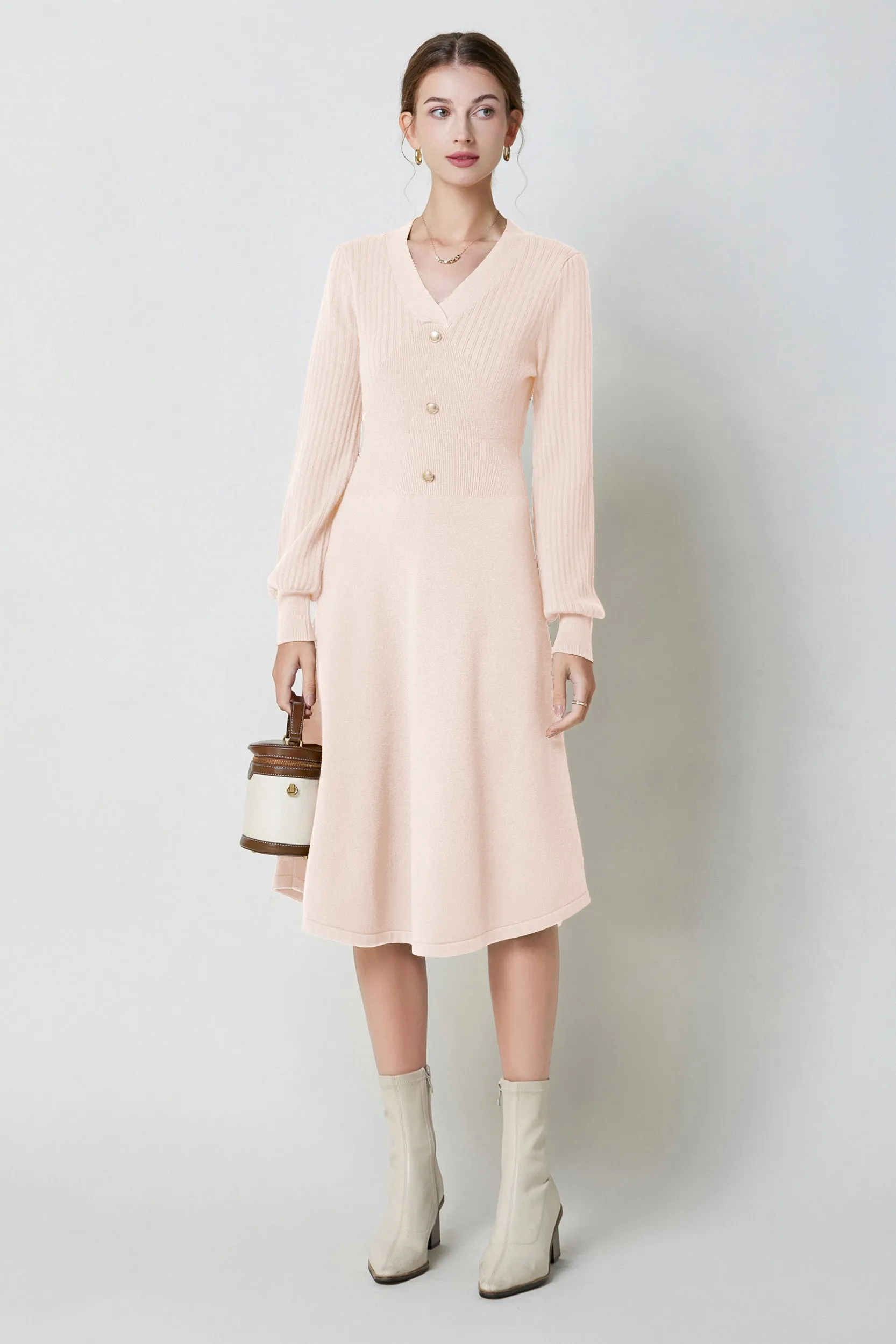 Nicola V-neck Puff Sleeve Stretch Knit Midi Dress