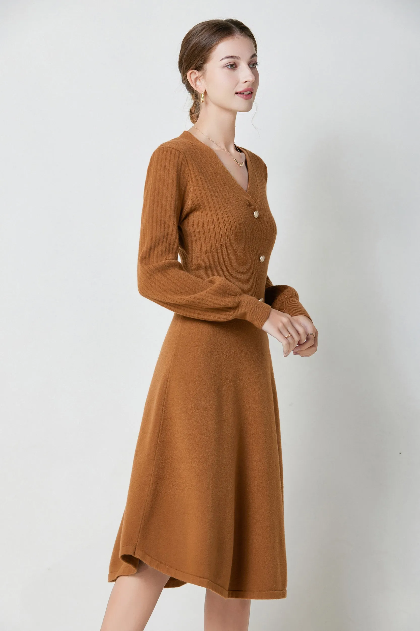 Nicola V-neck Puff Sleeve Stretch Knit Midi Dress