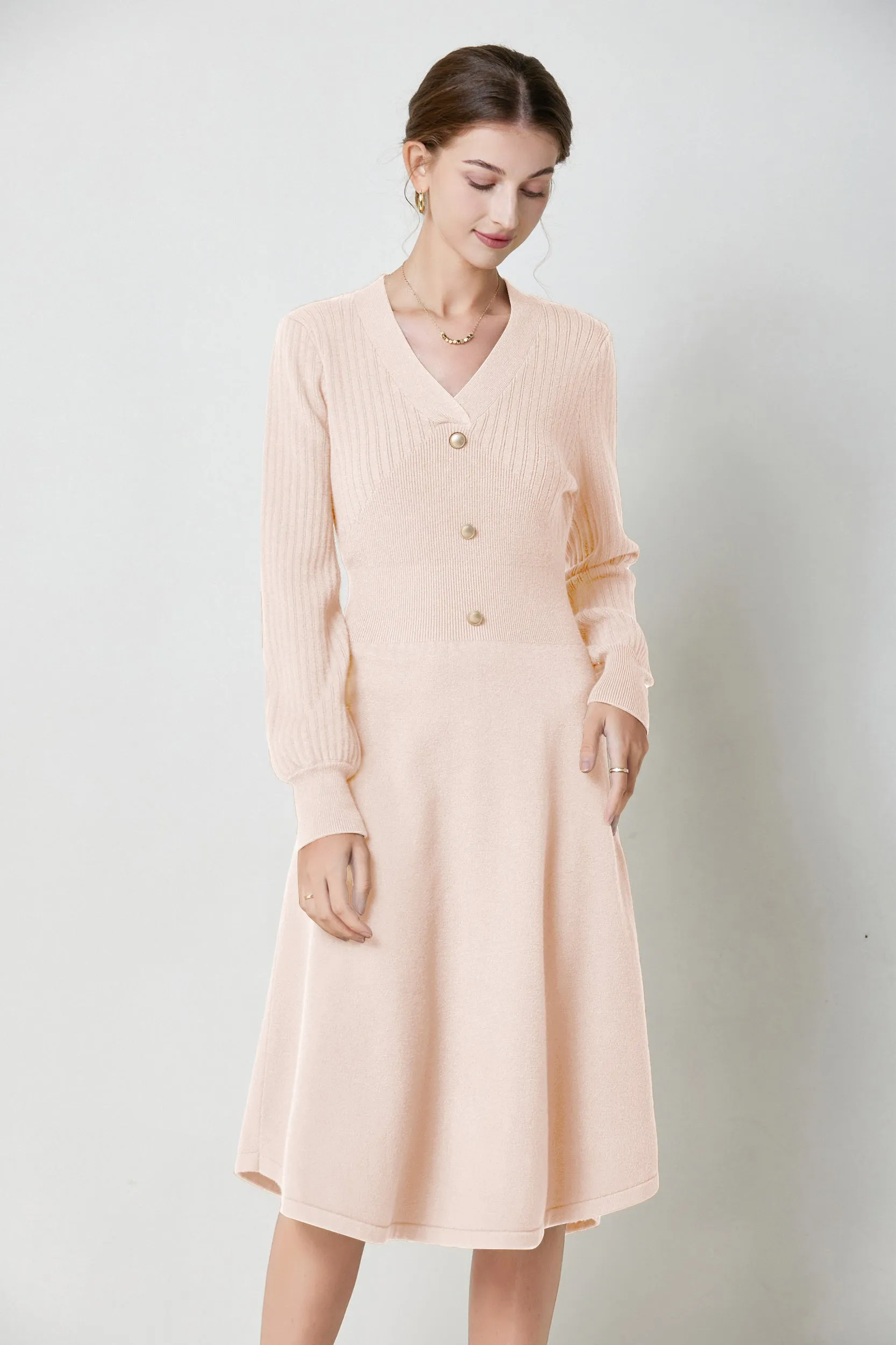 Nicola V-neck Puff Sleeve Stretch Knit Midi Dress