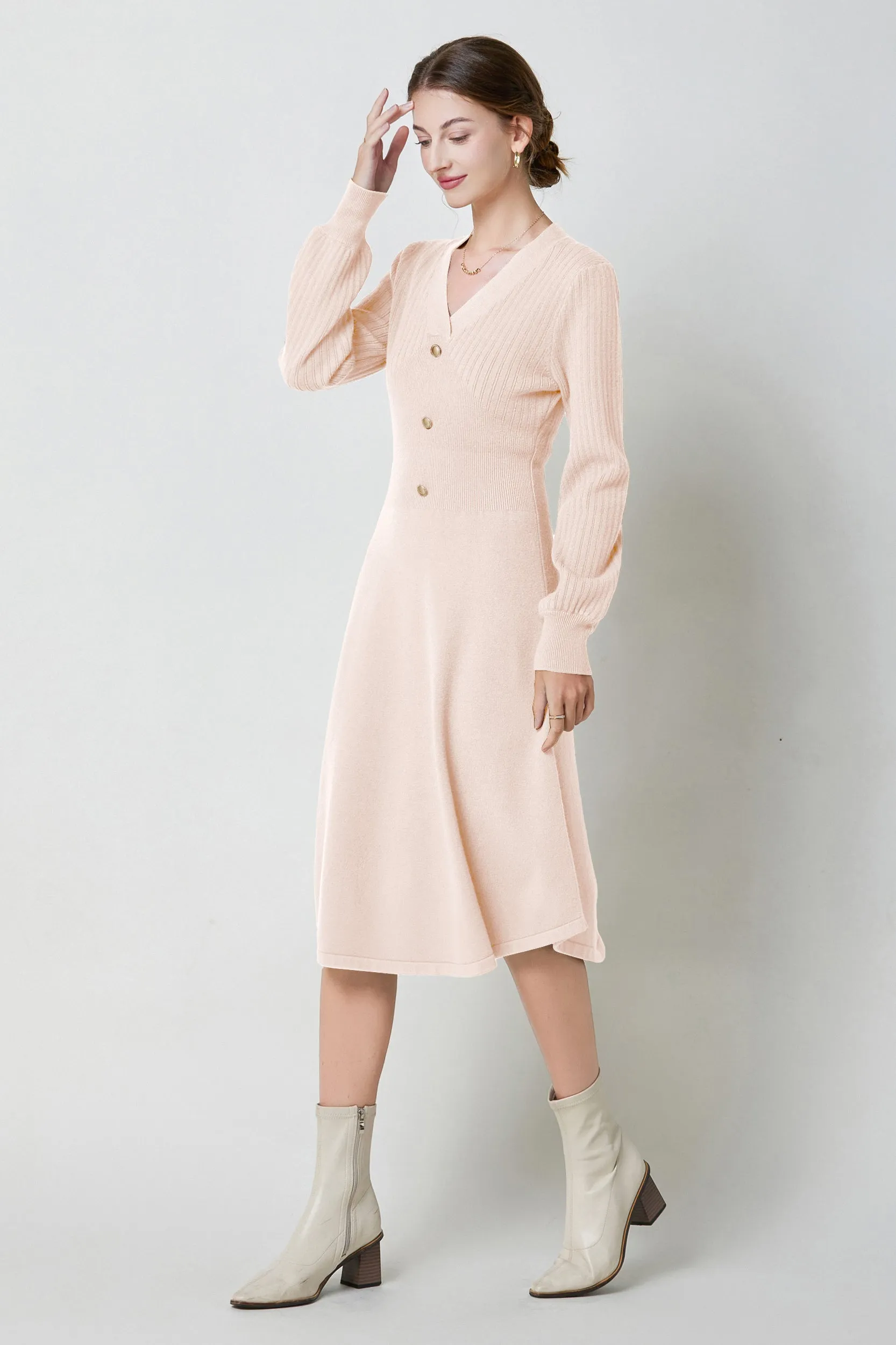 Nicola V-neck Puff Sleeve Stretch Knit Midi Dress