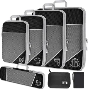 NiHome 7PCS Compression Packing Cube Set Expandable Mesh Travel Bag Luggage Organizers with Electronic Cable Cord Charger Organizer Drawstring Bag for Trip Home Storage Travel Gear Accessories (Black)