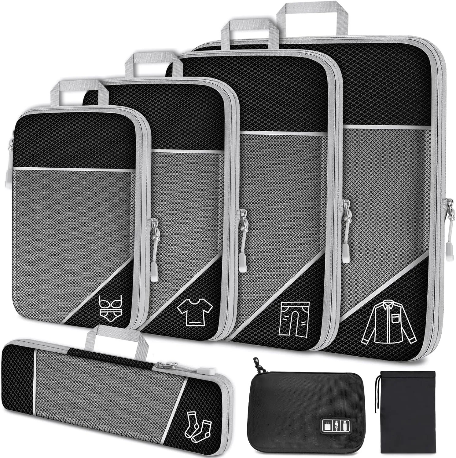 NiHome 7PCS Compression Packing Cube Set Expandable Mesh Travel Bag Luggage Organizers with Electronic Cable Cord Charger Organizer Drawstring Bag for Trip Home Storage Travel Gear Accessories (Black)